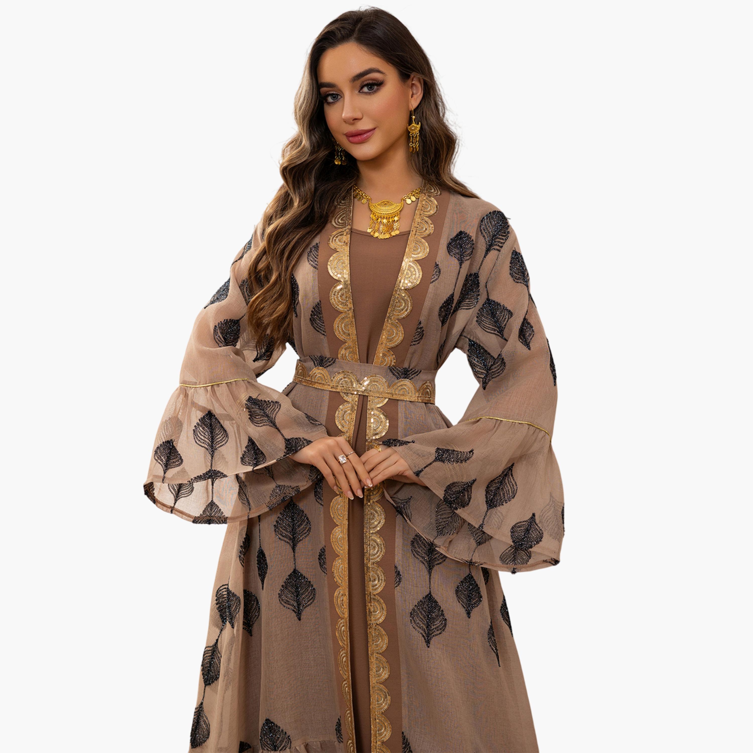 طقم منسق من عباية وفستان بطبعة وتفاصيل ترتر باللون الكاكي-women-arabicclothing-sets-image-3