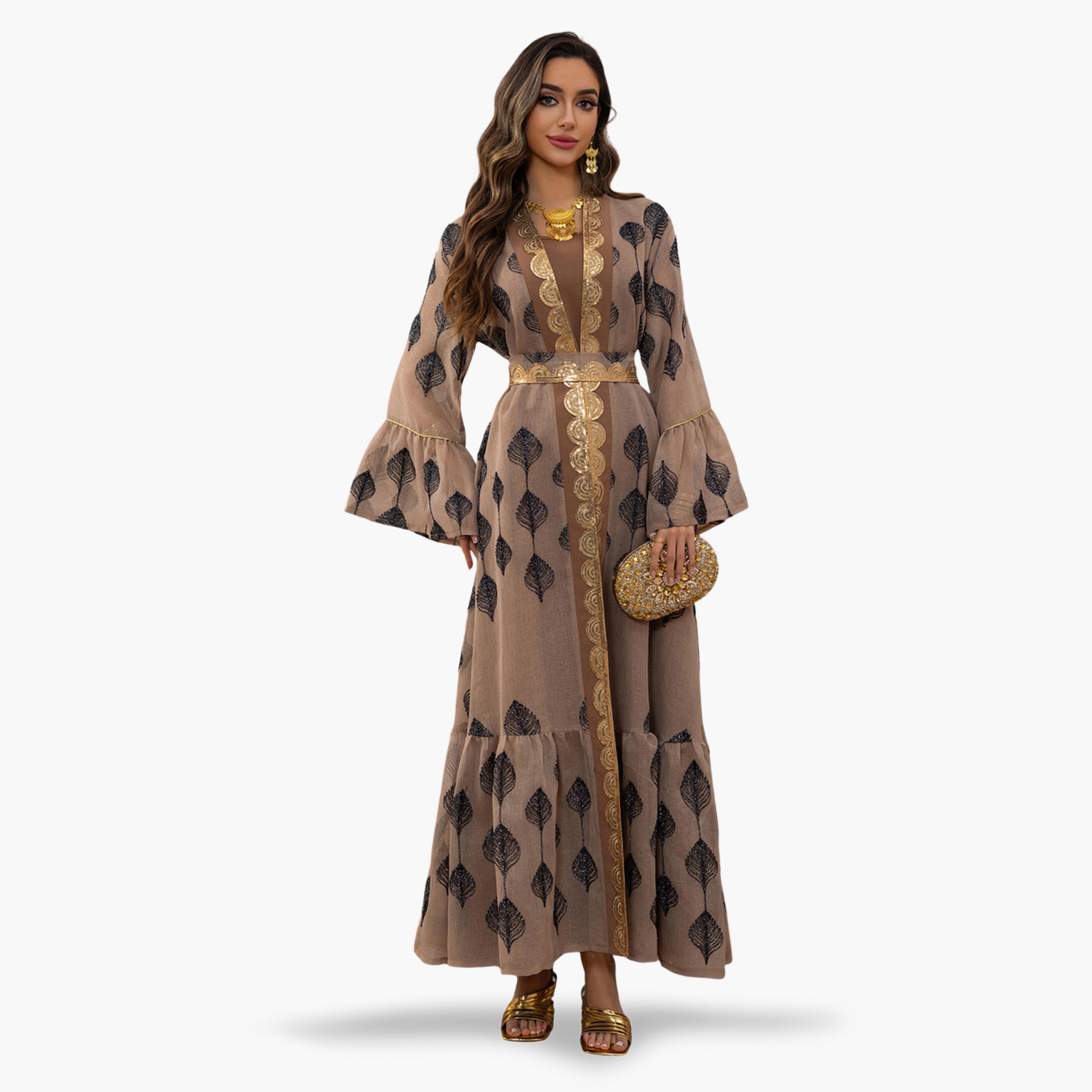 طقم منسق من عباية وفستان بطبعة وتفاصيل ترتر باللون الكاكي-women-arabicclothing-sets-image-4