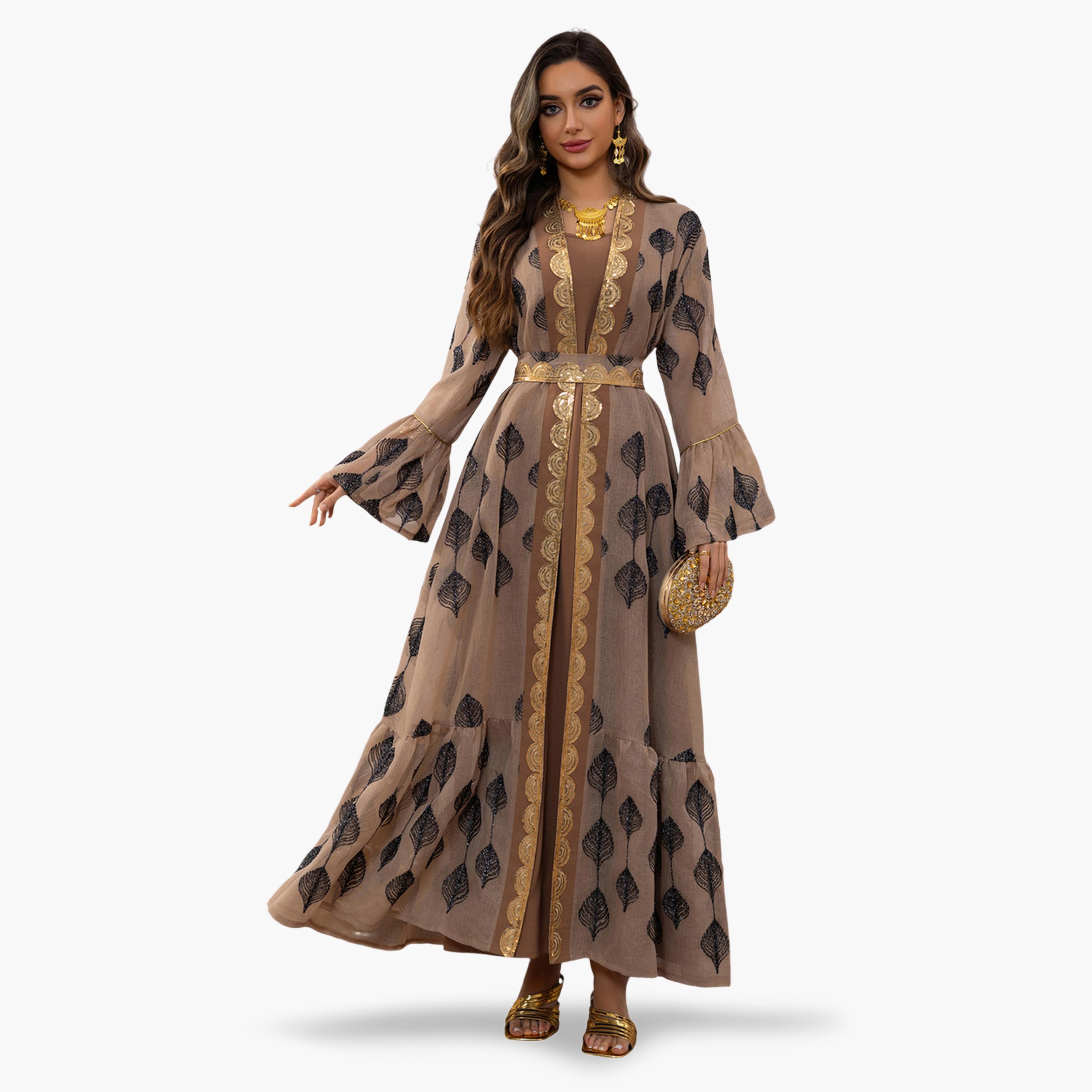 طقم منسق من عباية وفستان بطبعة وتفاصيل ترتر باللون الكاكي-women-arabicclothing-sets-image-5