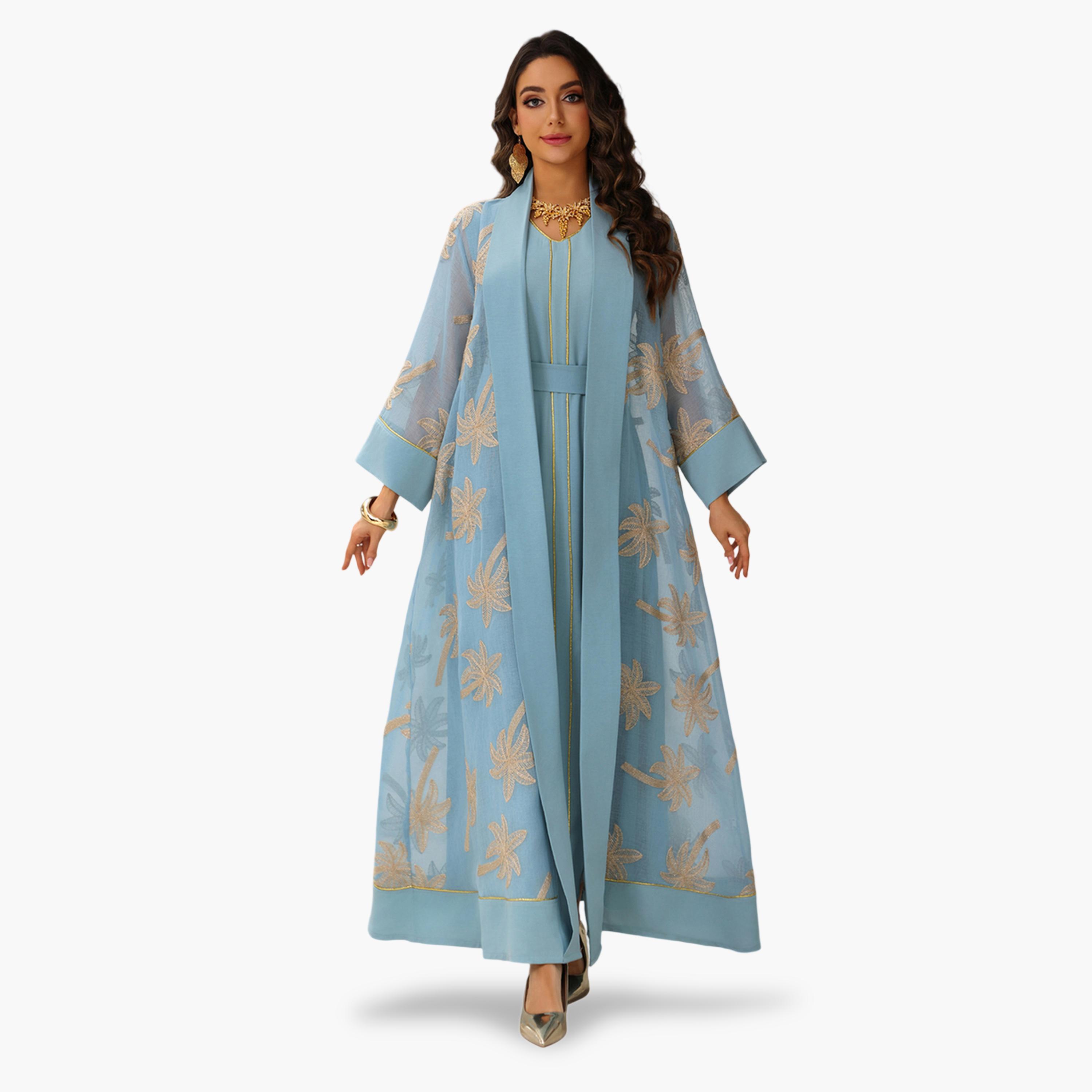 طقم منسق من عباية وفستان مطرز باللون الأزرق-women-arabicclothing-sets-image-1