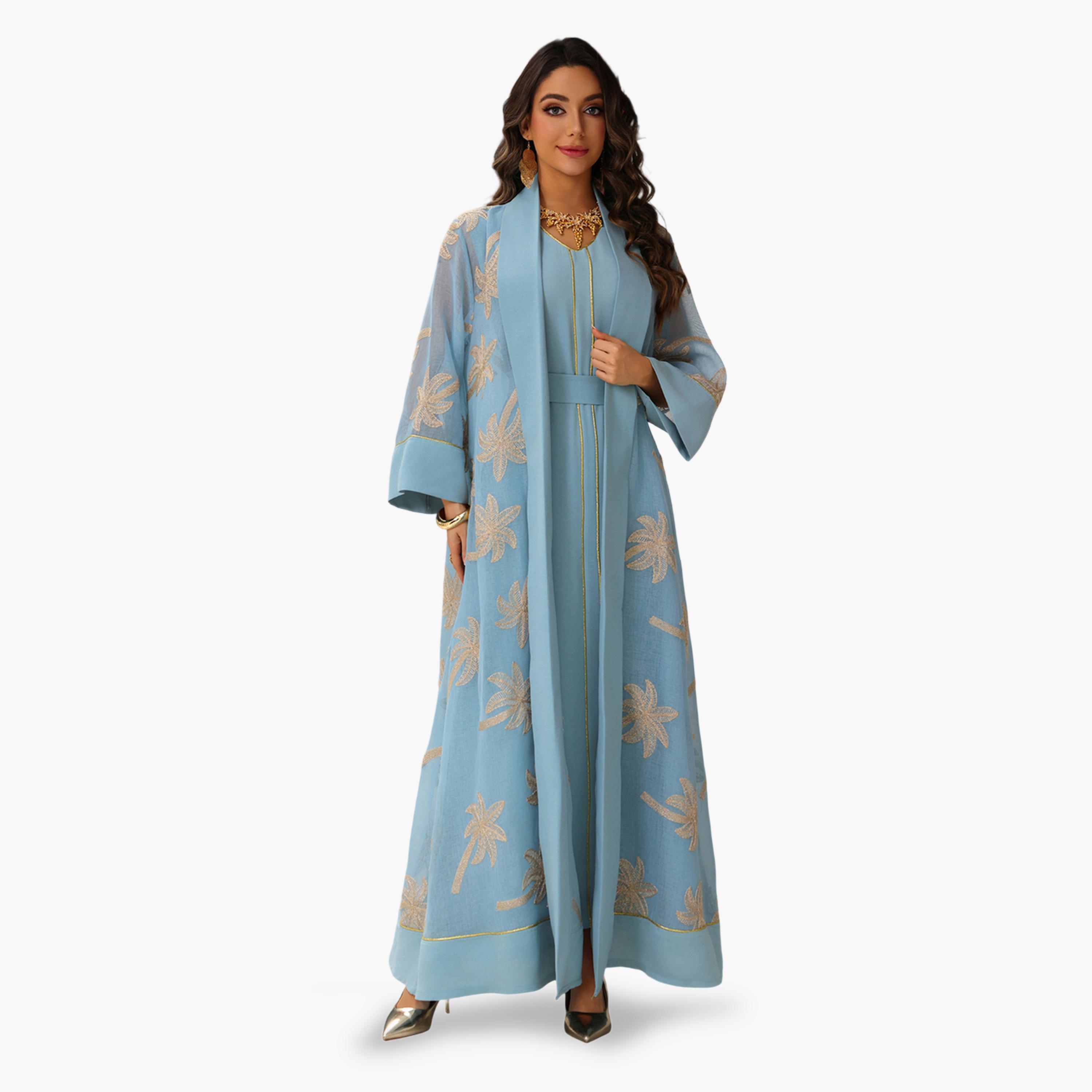 طقم منسق من عباية وفستان مطرز باللون الأزرق-women-arabicclothing-sets-image-2