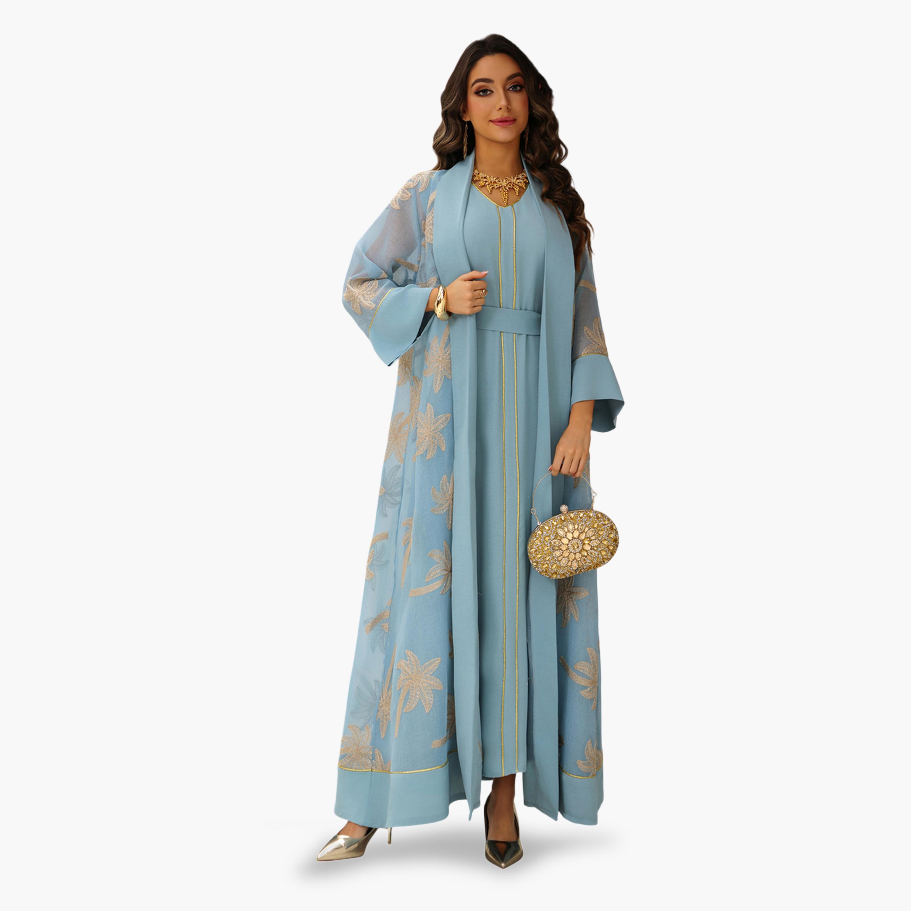 طقم منسق من عباية وفستان مطرز باللون الأزرق-women-arabicclothing-sets-image-3