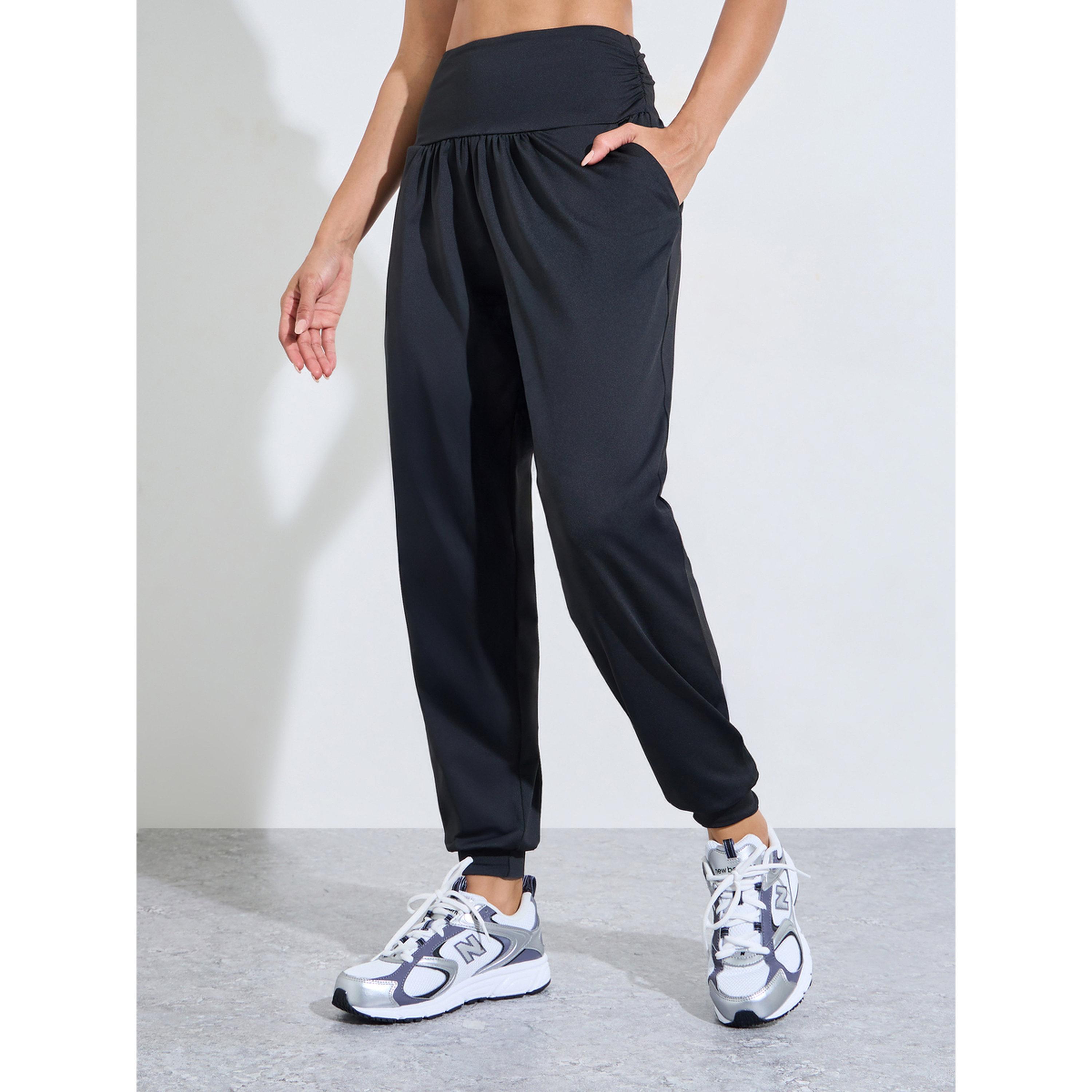 Styli Black Solid Ruched Details Cuffed Hem Joggers-women-clothing-sportswearandactivewear-joggers-image-1