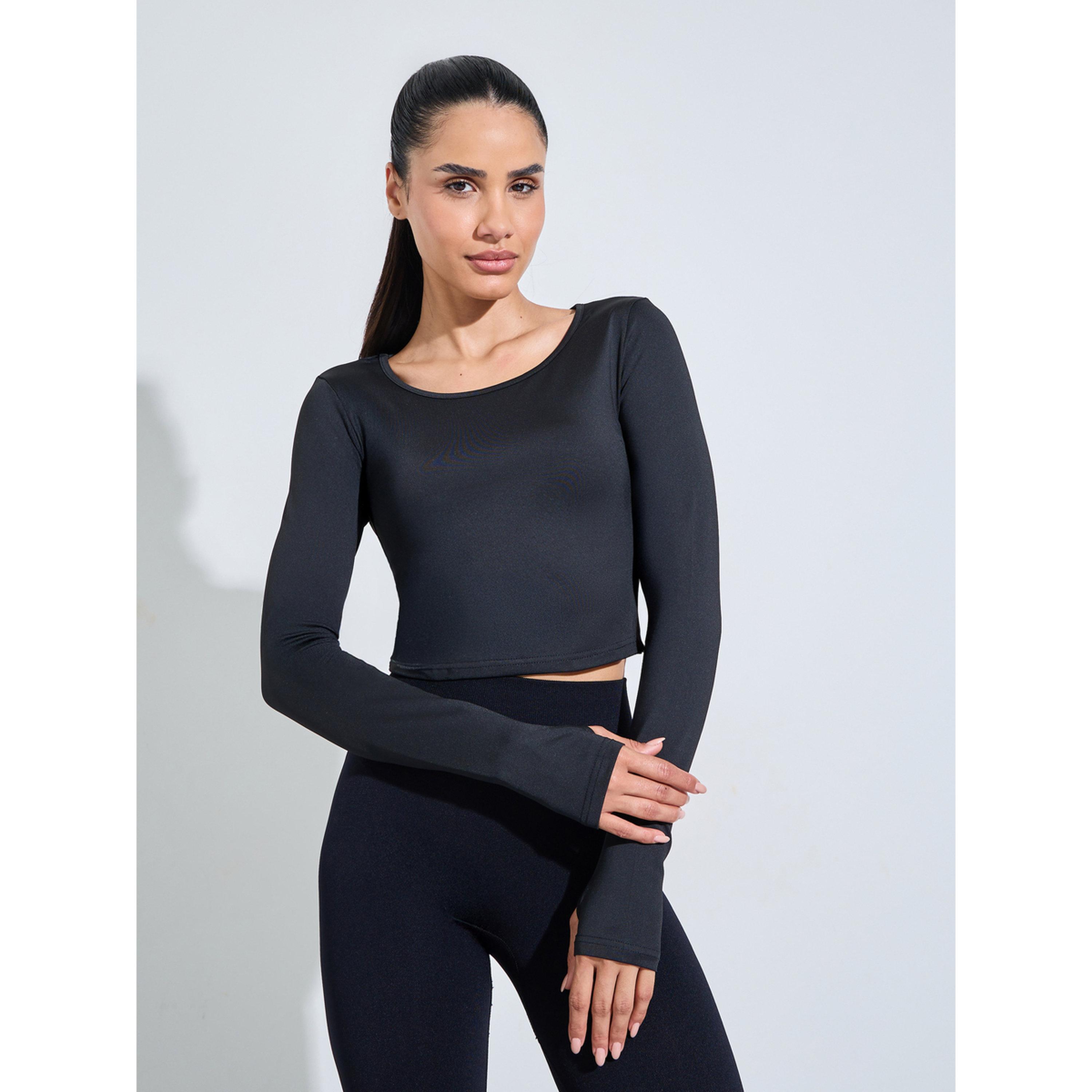 Styli Black Long Sleeve Thumbhole Active Crop Top-sports-women-clothing-tshirtsandvests-image-1