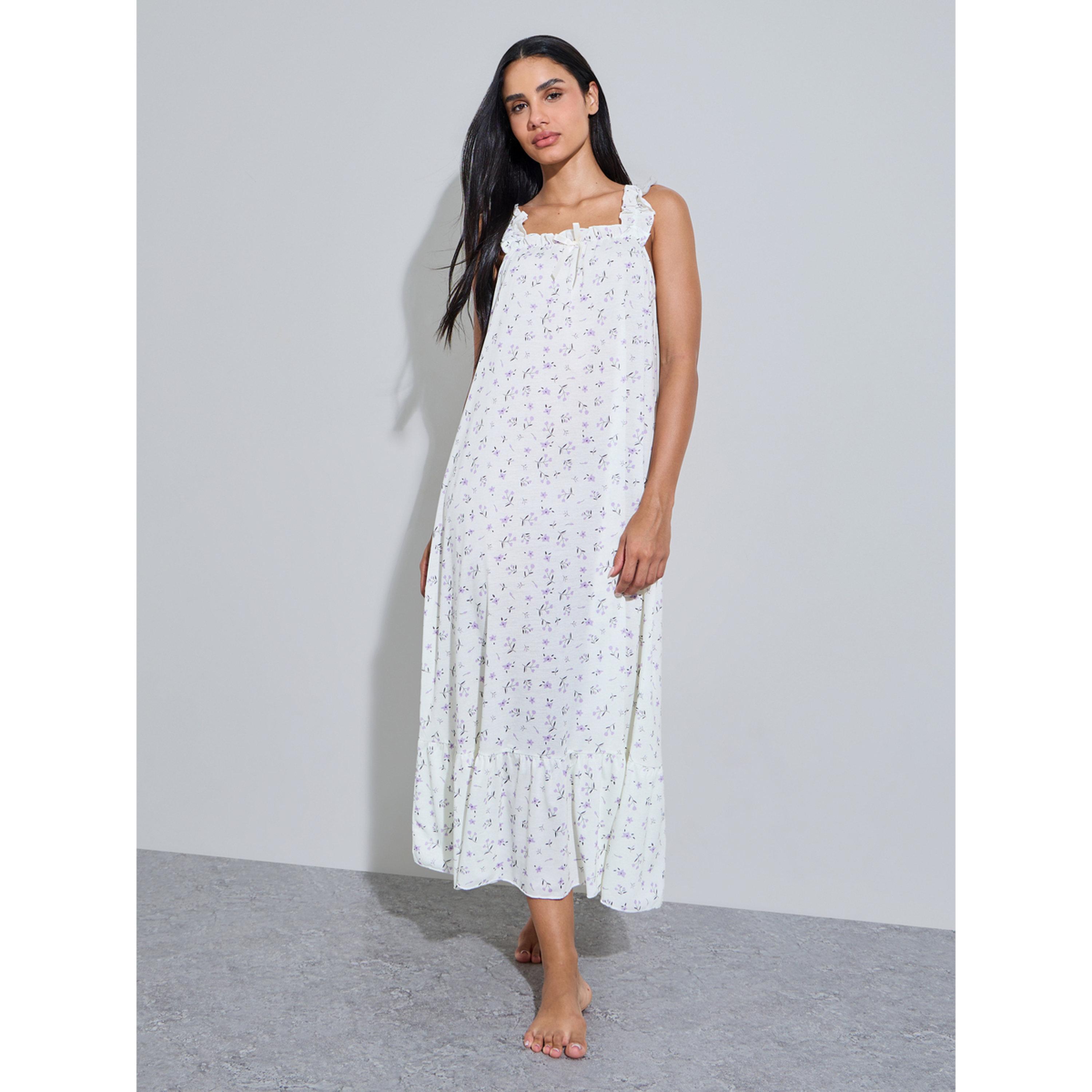 قميص نوم طويل بحمالات كشكشة وطبعة أزهار متعدد الألوان-women-clothing-nightwear-nighties-image-1