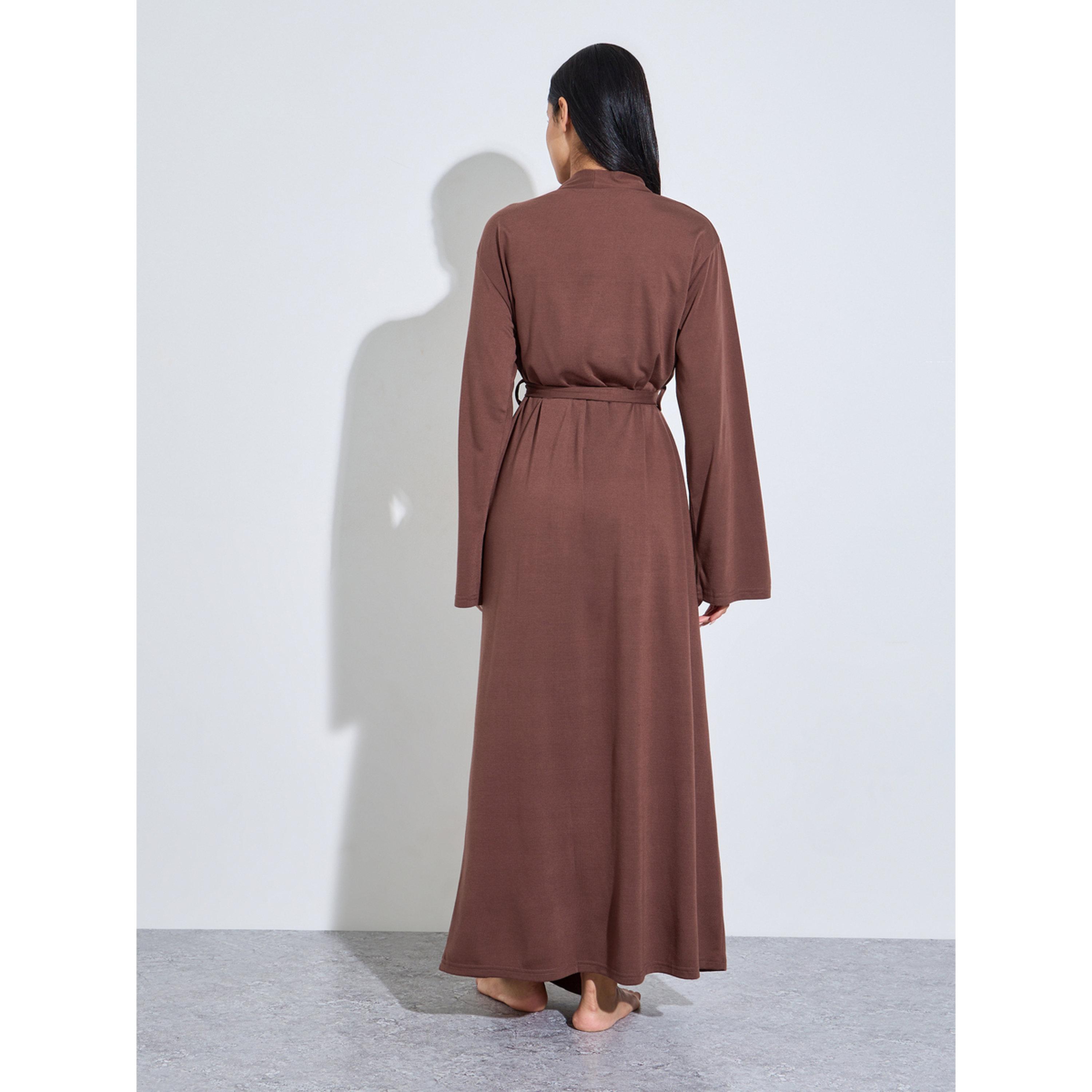 روب طويل سادة بأكمام طويلة برباط باللون البني-women-clothing-nightwear-robes-image-4