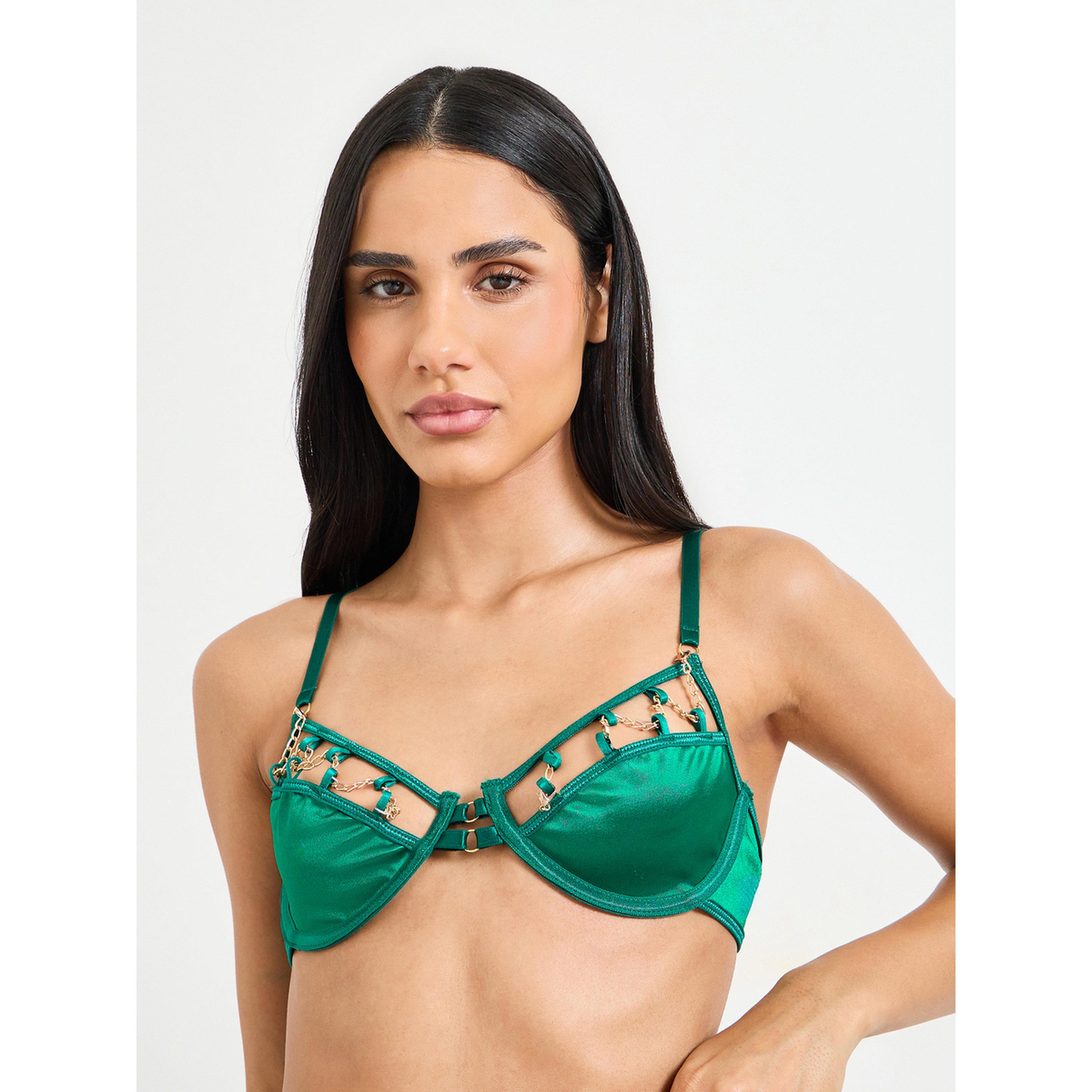 Take Two Emerald Green Satin Chain Detail Lingerie Set-women-clothing-lingerie-lingeriesets-image-2