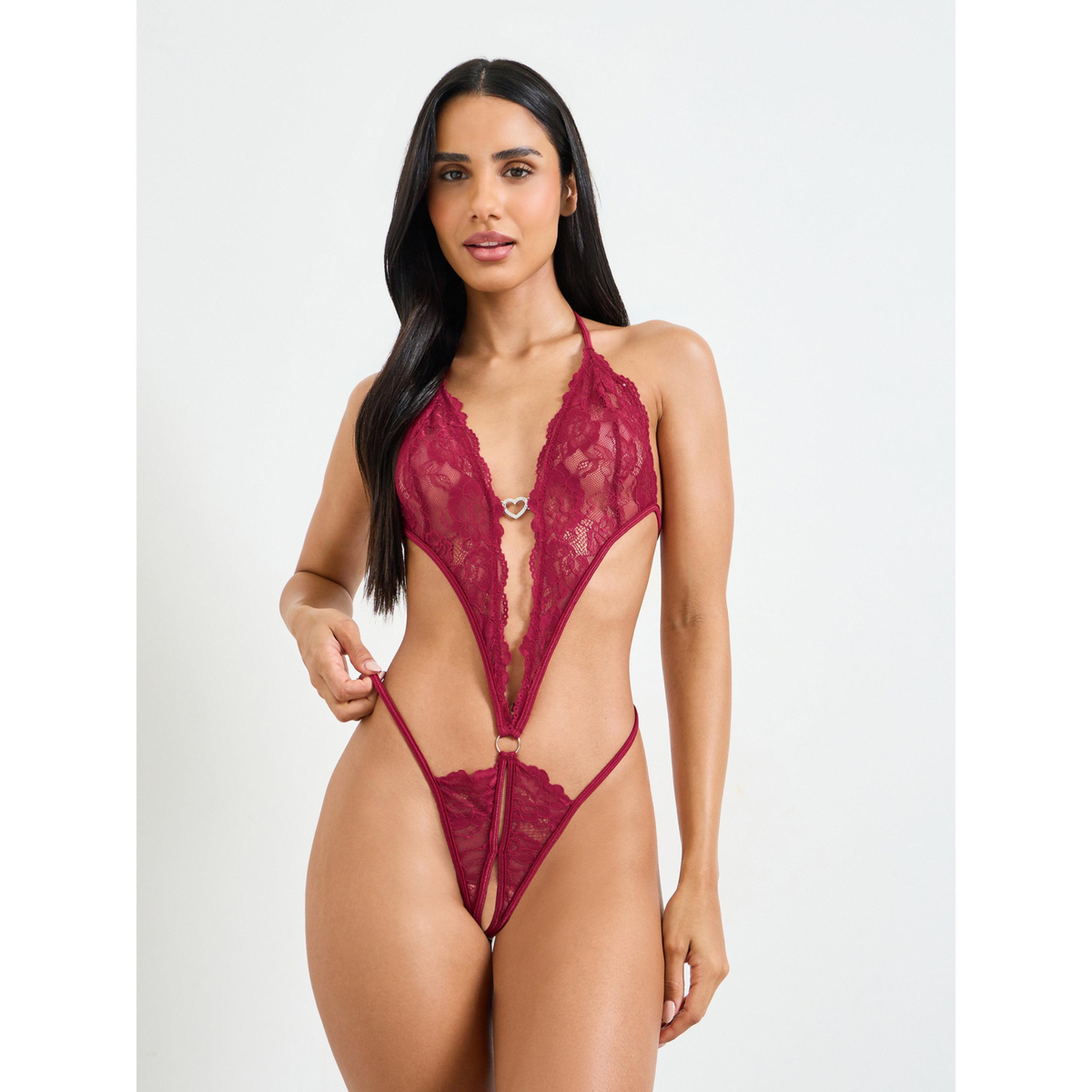 بودي سوت تيدي دانتيل برباط عنق لون عنابي-women-clothing-lingerie-babydollsandbodysuits-image-1