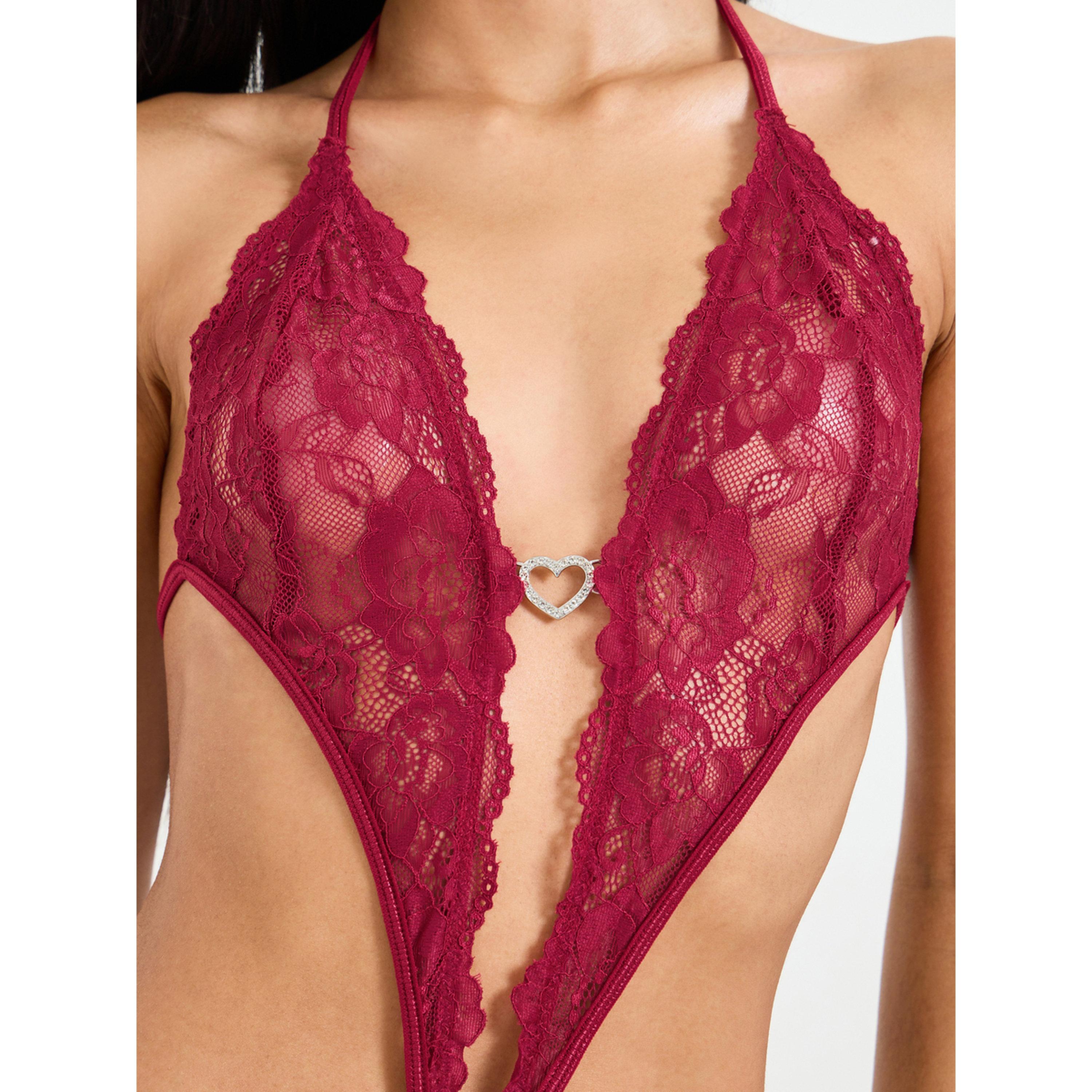 Take Two Burgundy Lace Halter Teddy Bodysuit-women-clothing-lingerie-babydollsandbodysuits-image-3