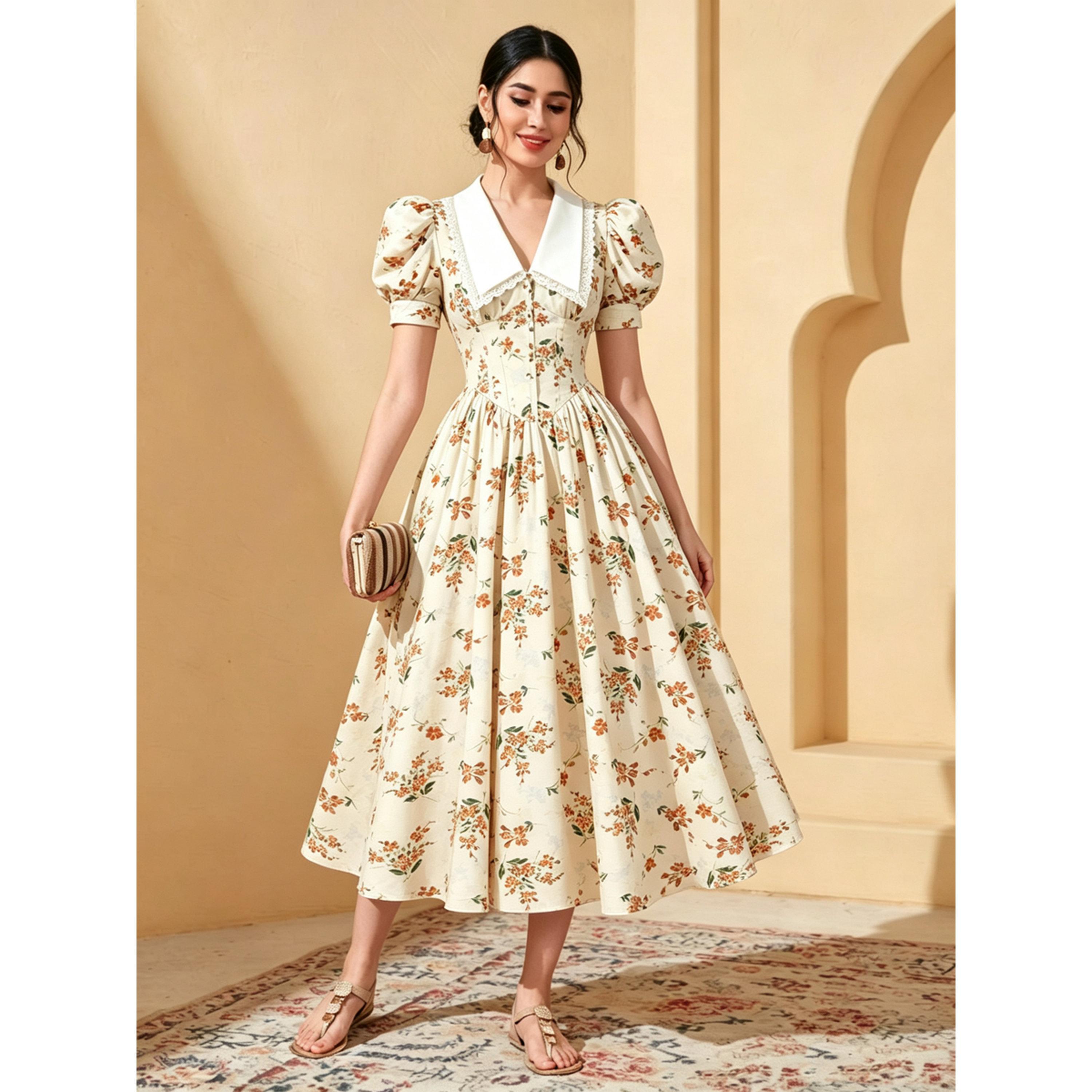 فستان ميدي بأكمام منفوخة وطية صدر دانتيل وطبعة الزهور-women-clothing-dresses-image-1