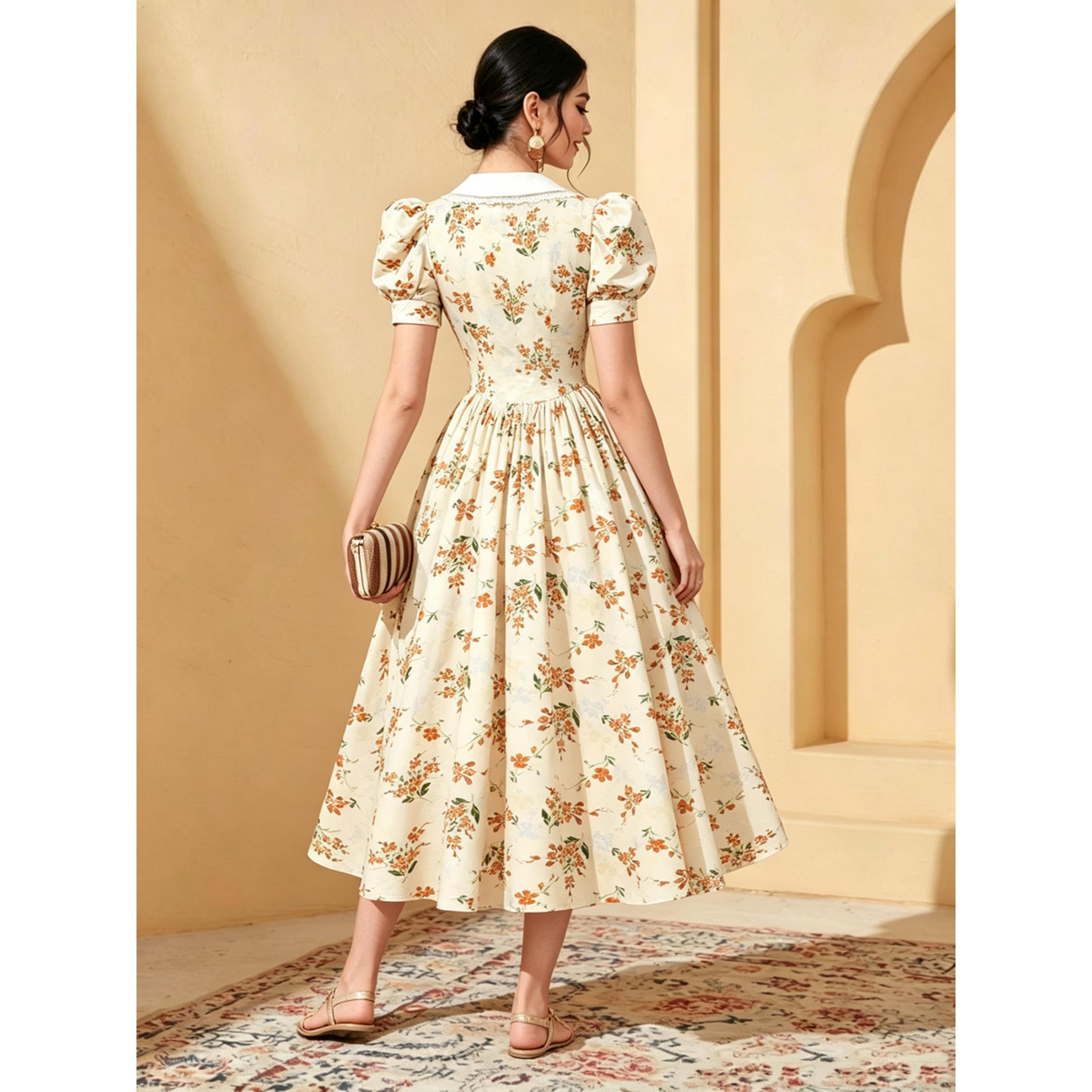 فستان ميدي بأكمام منفوخة وطية صدر دانتيل وطبعة الزهور-women-clothing-dresses-image-2