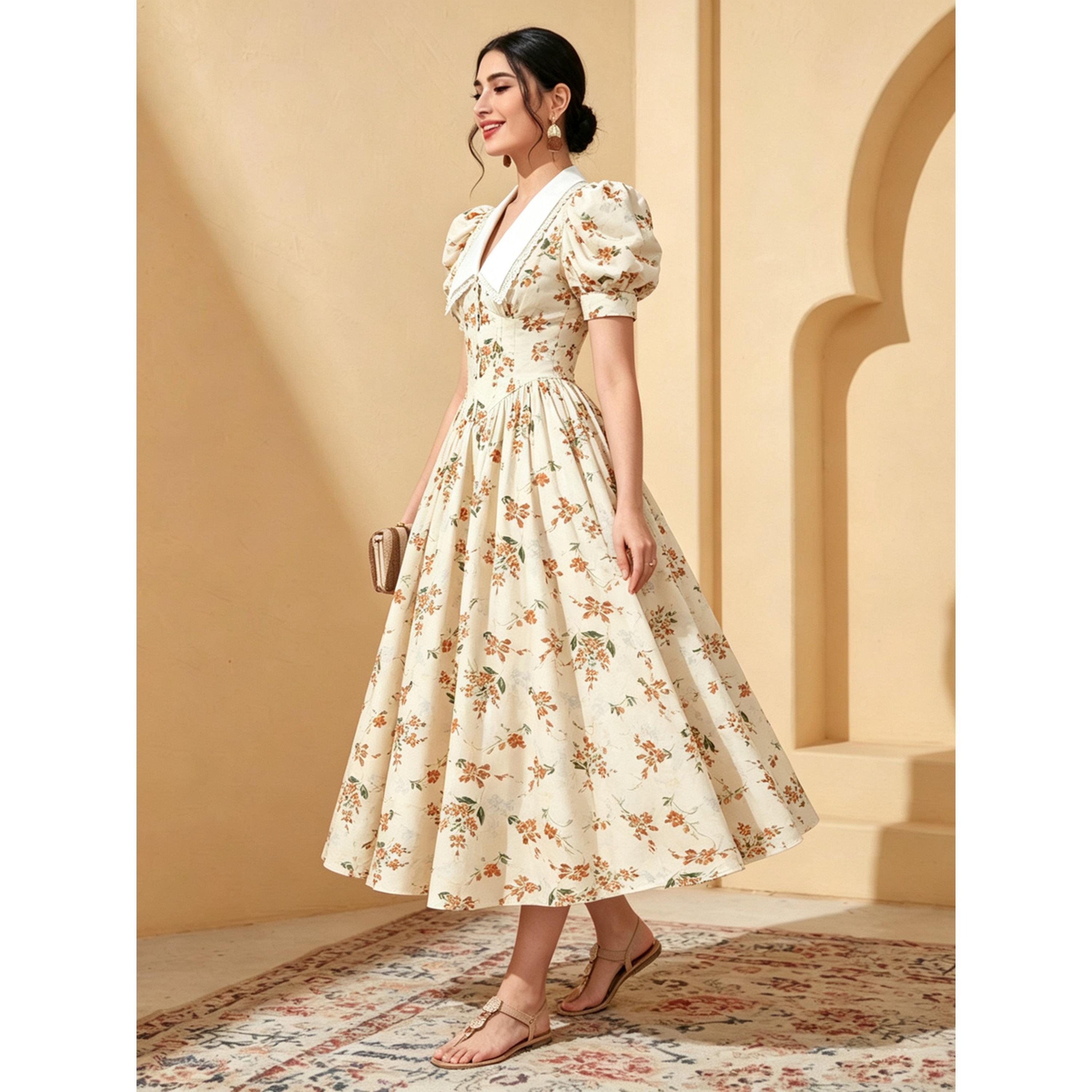 فستان ميدي بأكمام منفوخة وطية صدر دانتيل وطبعة الزهور-women-clothing-dresses-image-3