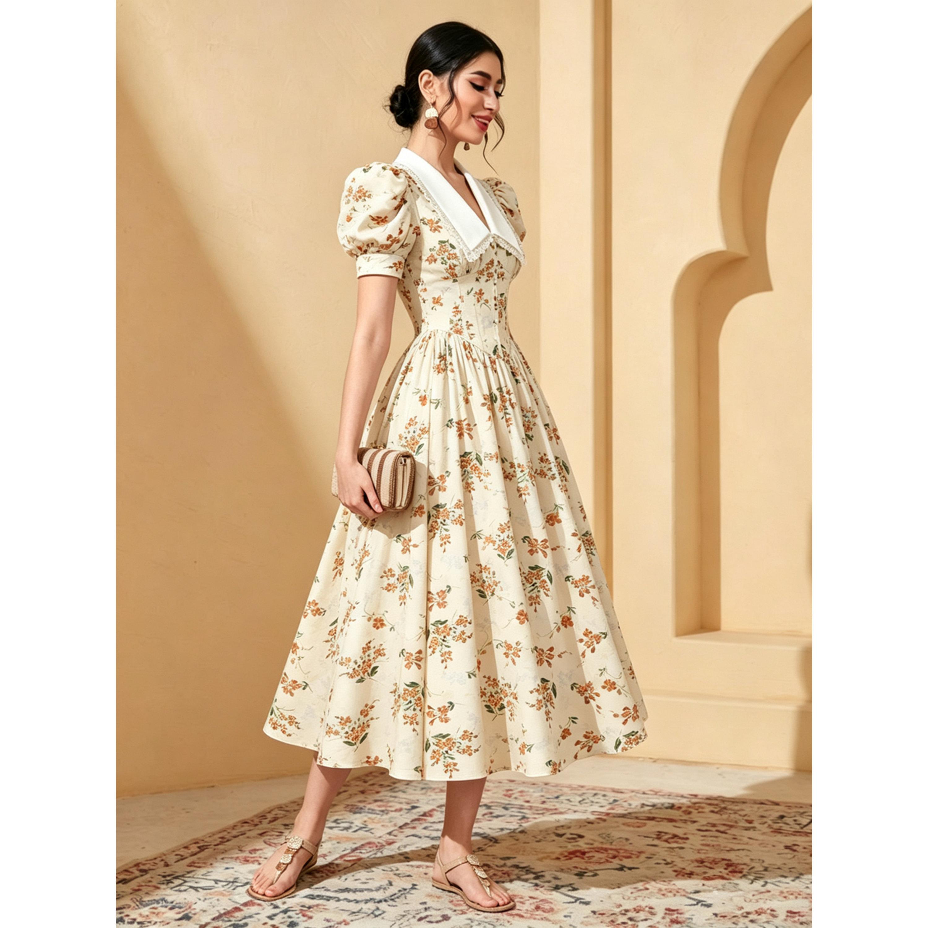 فستان ميدي بأكمام منفوخة وطية صدر دانتيل وطبعة الزهور-women-clothing-dresses-image-4