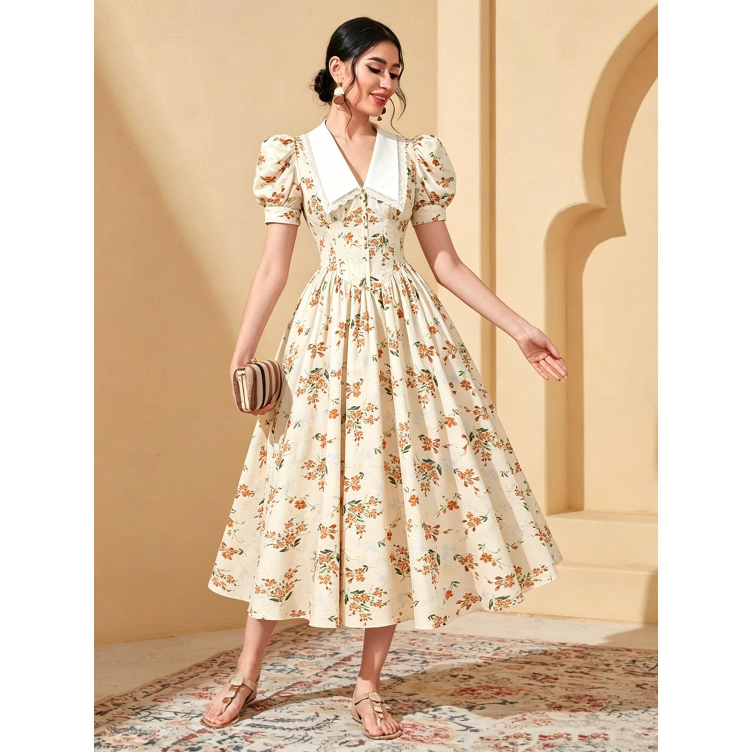 فستان ميدي بأكمام منفوخة وطية صدر دانتيل وطبعة الزهور-women-clothing-dresses-image-5