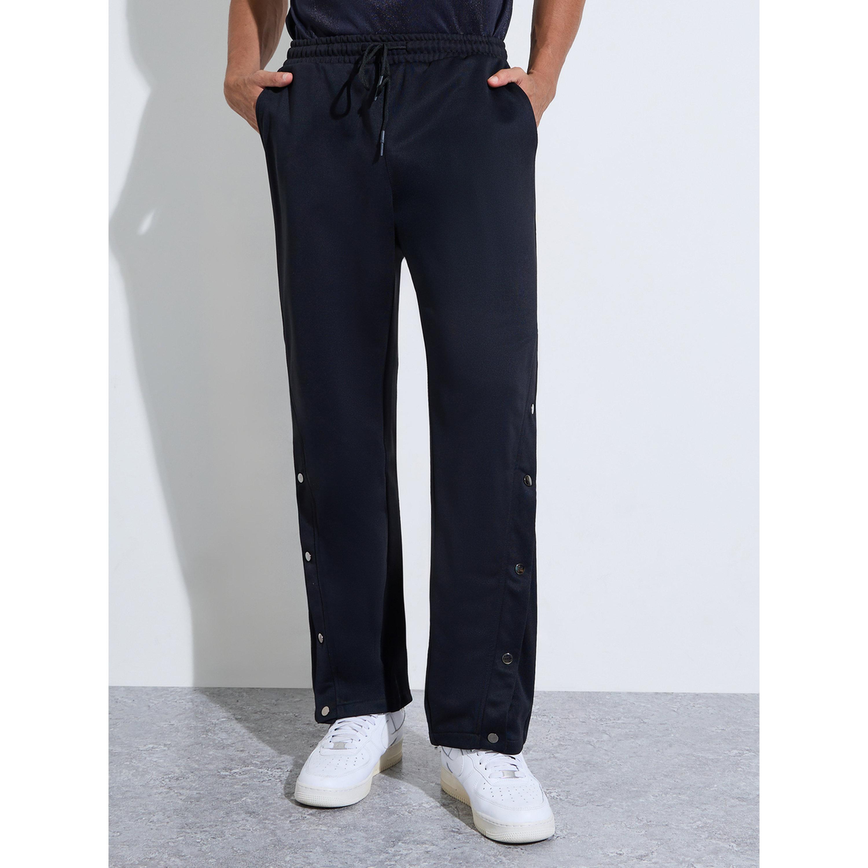 Take Two Men Black Solid Drawstring Knit Pants with Button Hem-men-clothing-joggers-image-1