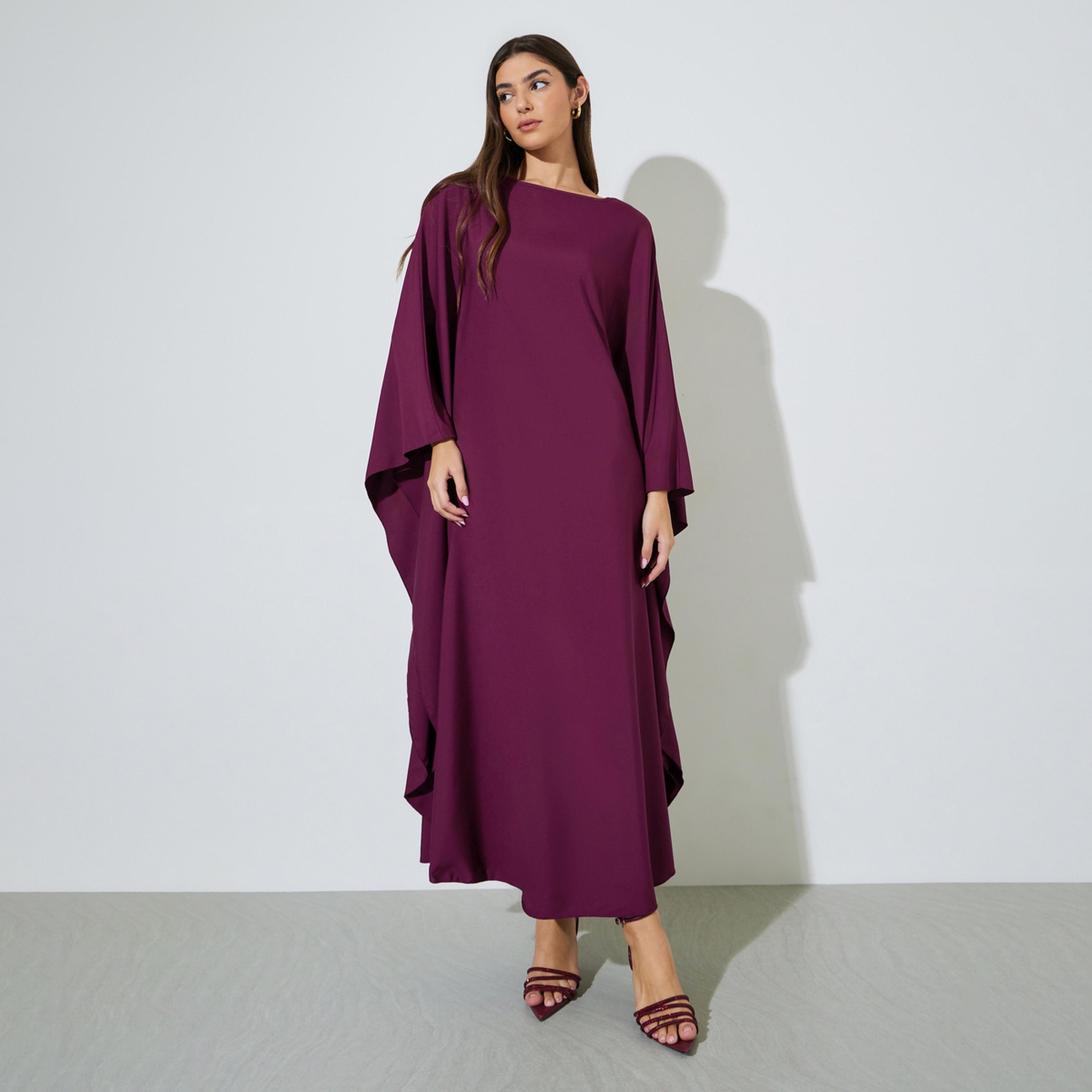 Styli Purple Solid Batwing Sleeves Maxi Kaftan Dress-women-arabicclothing-kaftan-image-1