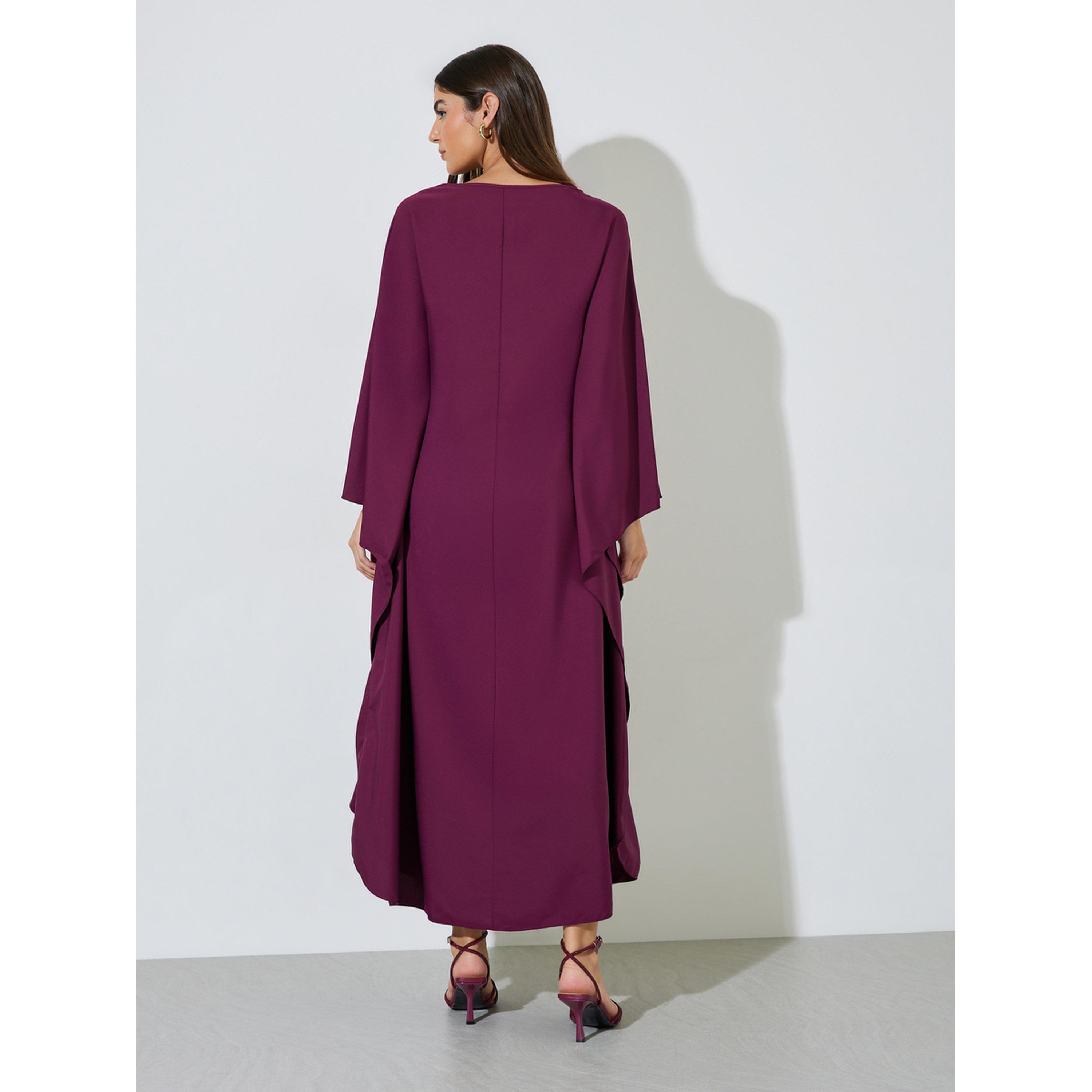 Styli Purple Solid Batwing Sleeves Maxi Kaftan Dress-women-arabicclothing-kaftan-image-3