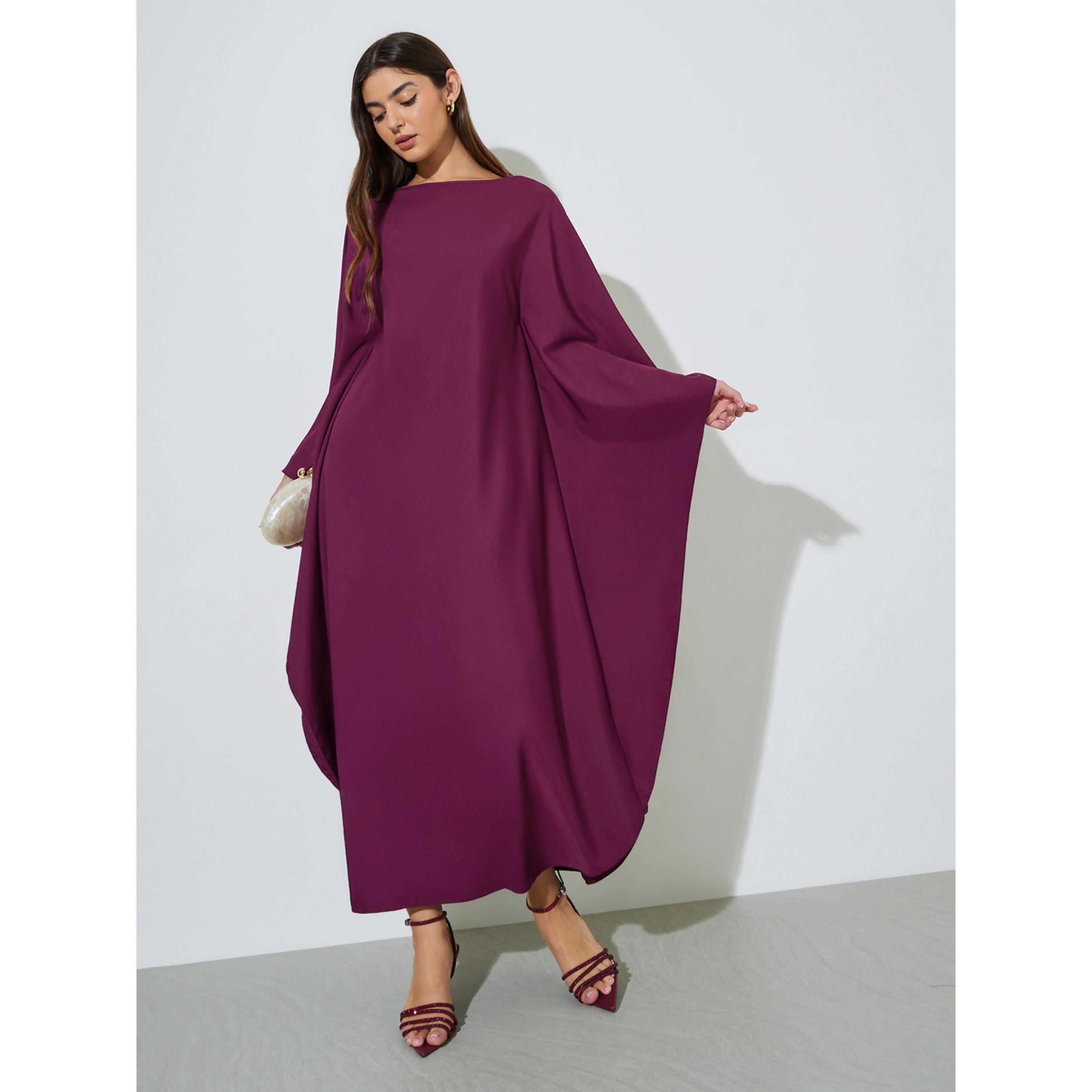 Styli Purple Solid Batwing Sleeves Maxi Kaftan Dress-women-arabicclothing-kaftan-image-4