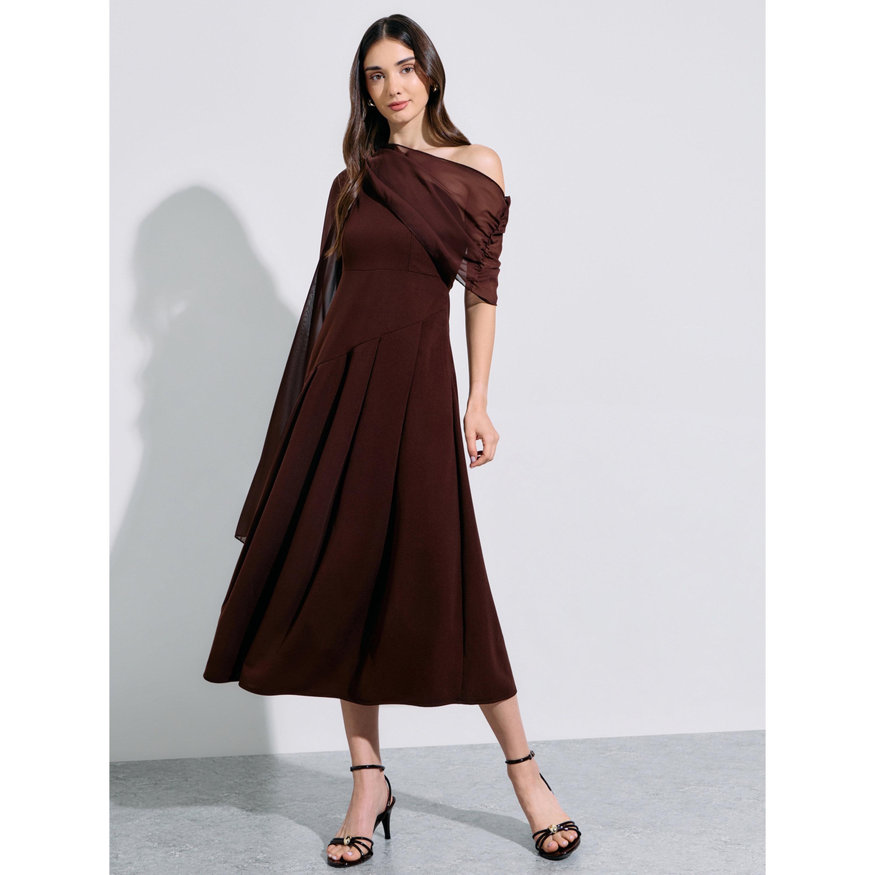 فستان ميدي بحافة واسعة بني بأكمام كاب-women-clothing-dresses-image-1