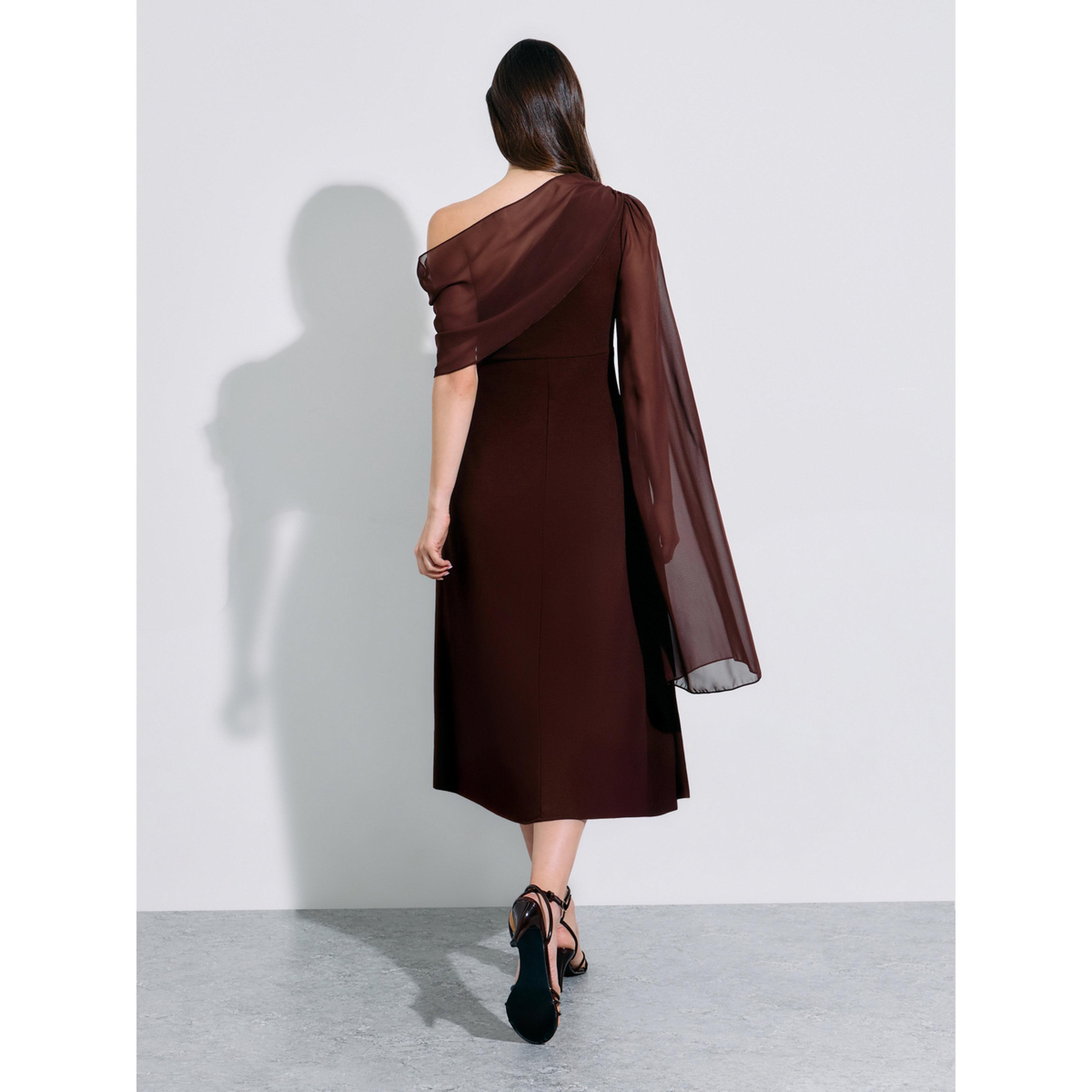فستان ميدي بحافة واسعة بني بأكمام كاب-women-clothing-dresses-image-2