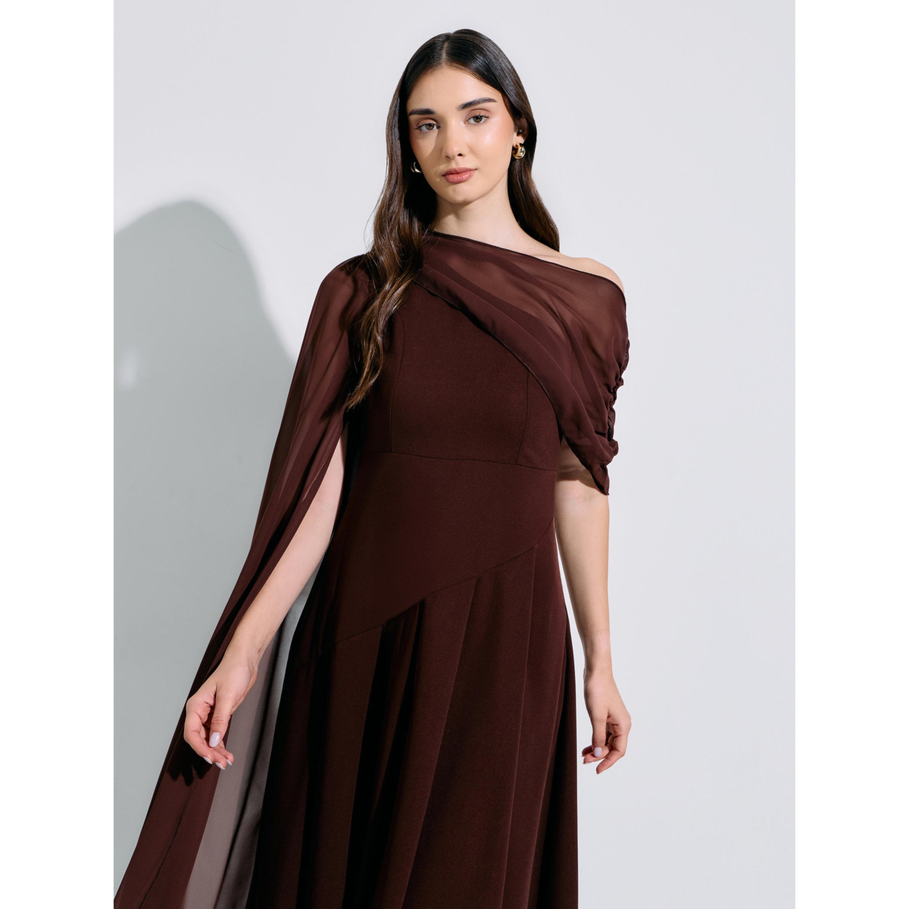 فستان ميدي بحافة واسعة بني بأكمام كاب-women-clothing-dresses-image-3
