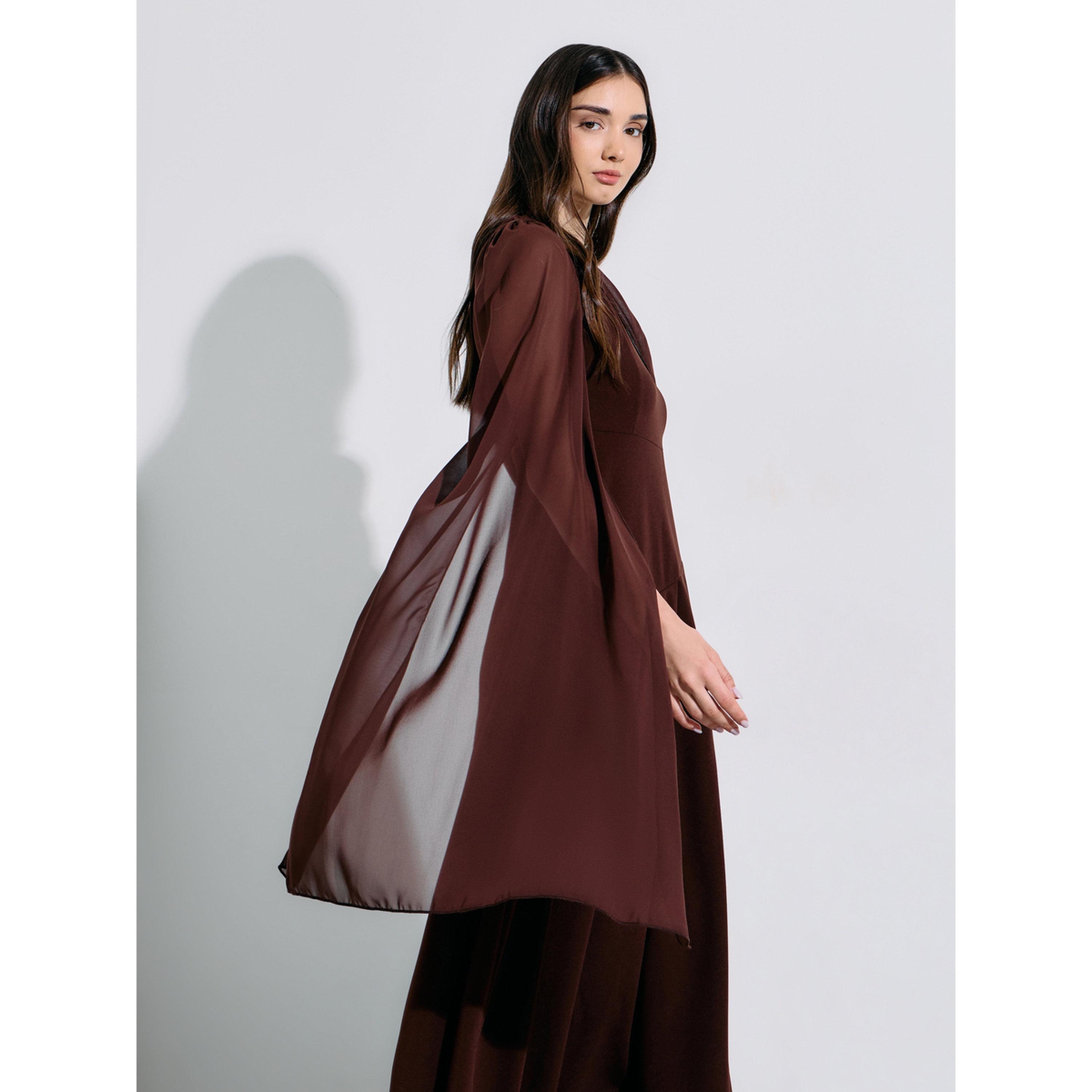 فستان ميدي بحافة واسعة بني بأكمام كاب-women-clothing-dresses-image-4