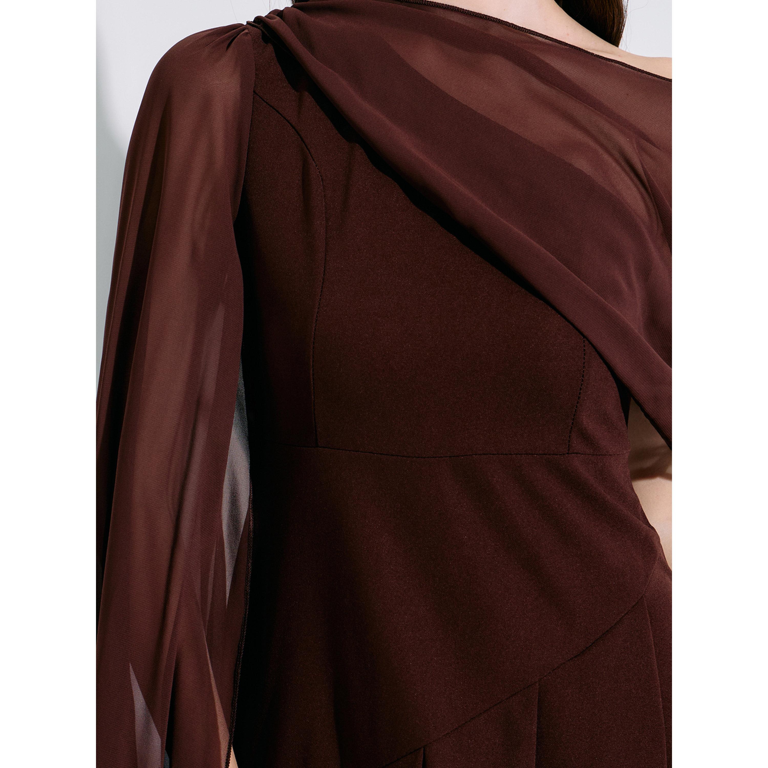 فستان ميدي بحافة واسعة بني بأكمام كاب-women-clothing-dresses-image-5