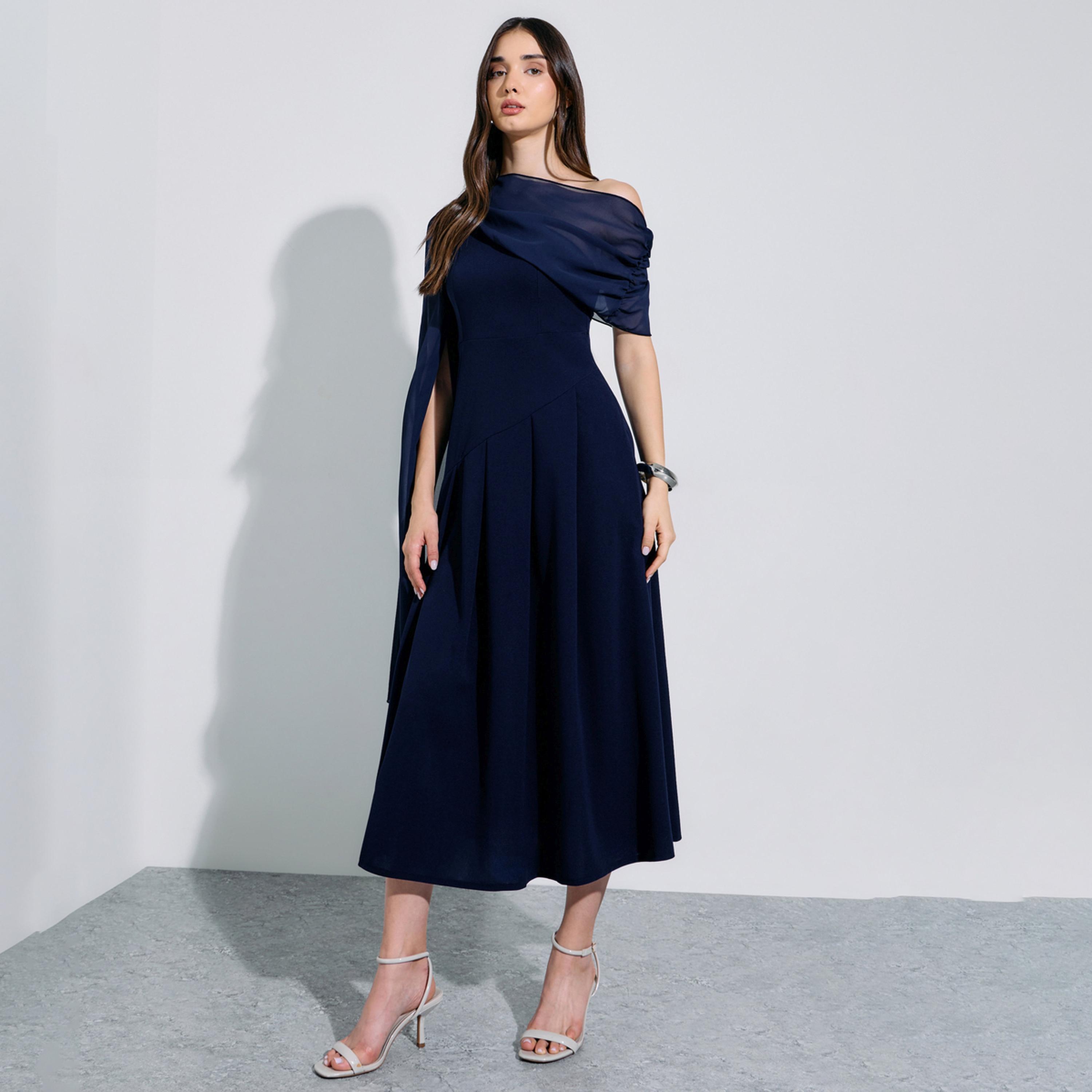 فستان ميدي بحافة واسعة كحلي بأكمام كاب-women-clothing-dresses-image-1