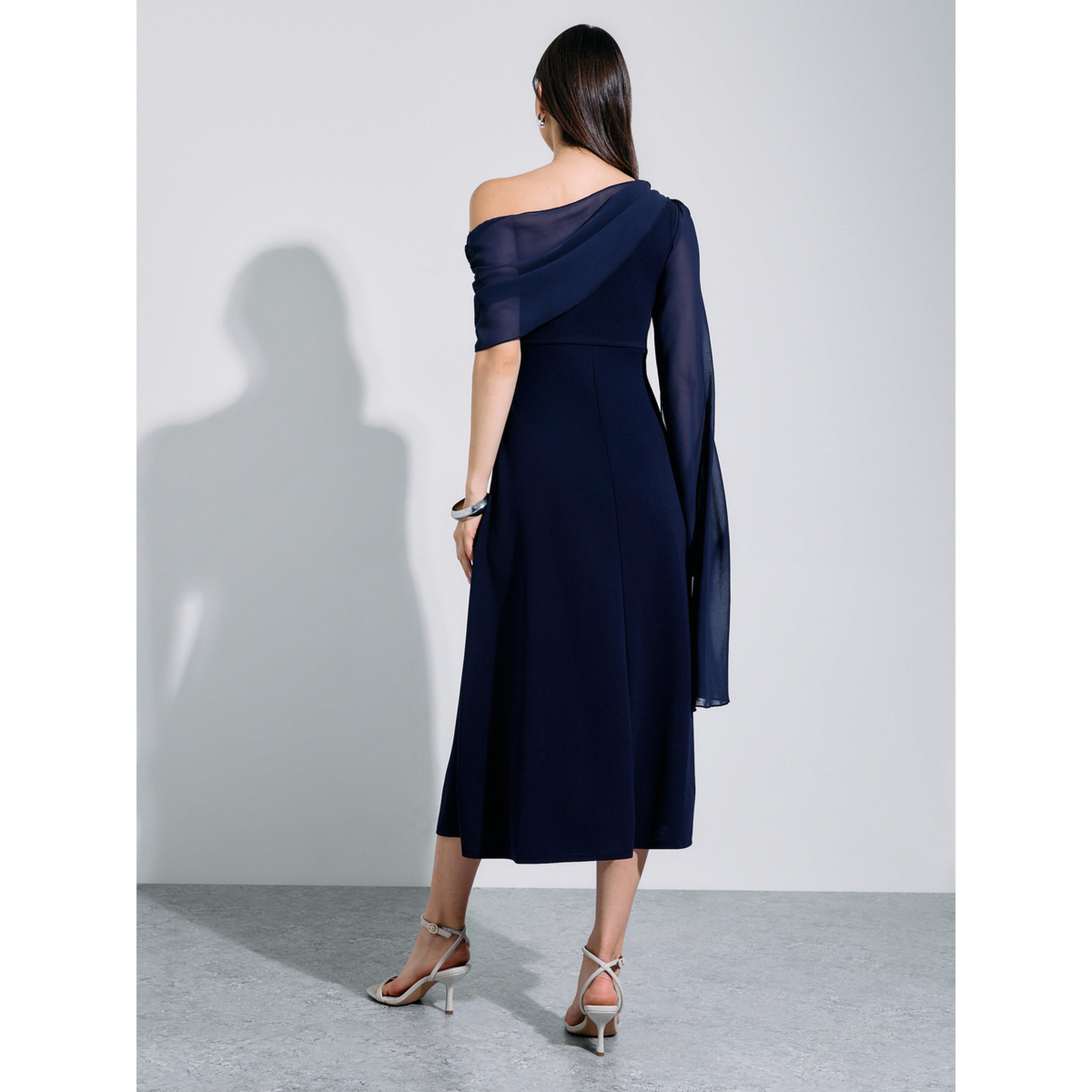 فستان ميدي بحافة واسعة كحلي بأكمام كاب-women-clothing-dresses-image-2