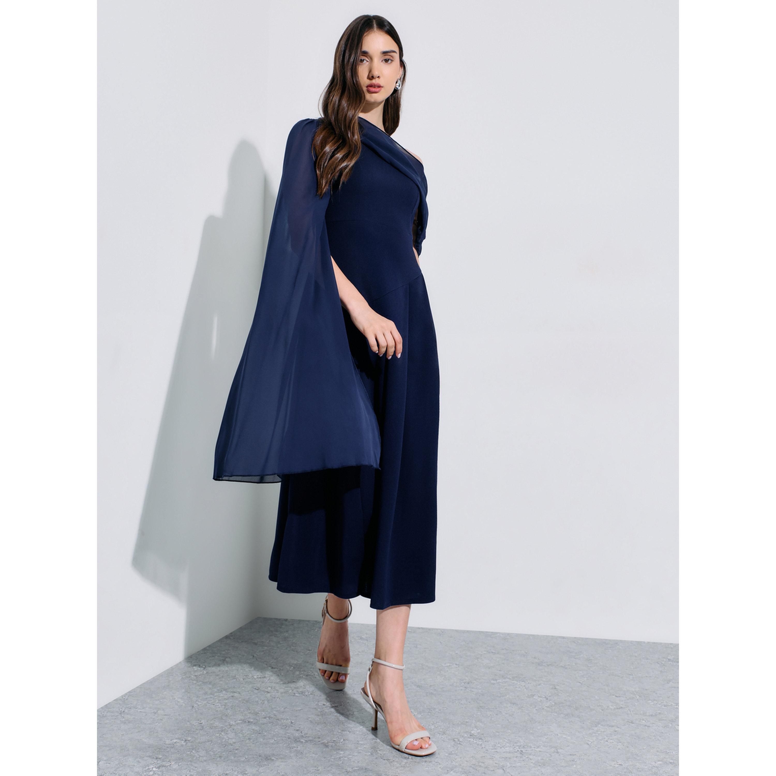 فستان ميدي بحافة واسعة كحلي بأكمام كاب-women-clothing-dresses-image-3