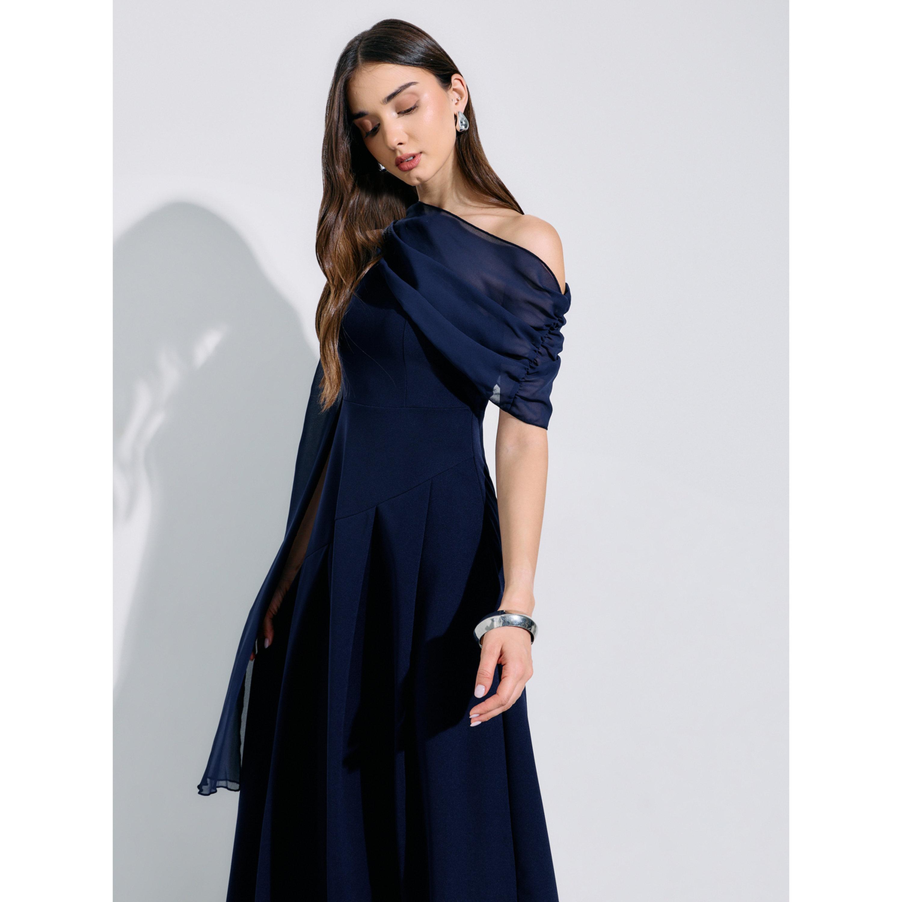 فستان ميدي بحافة واسعة كحلي بأكمام كاب-women-clothing-dresses-image-4