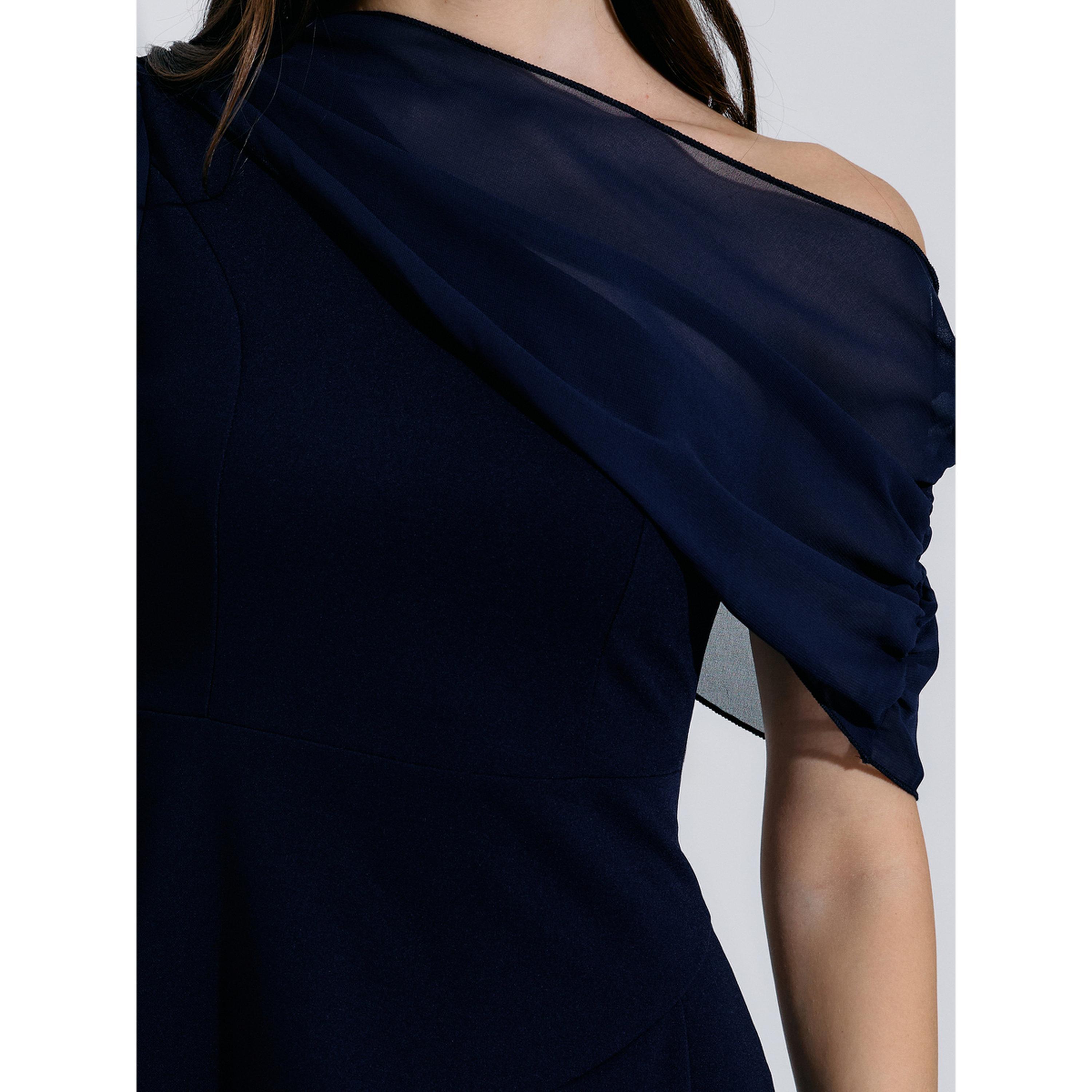 فستان ميدي بحافة واسعة كحلي بأكمام كاب-women-clothing-dresses-image-5