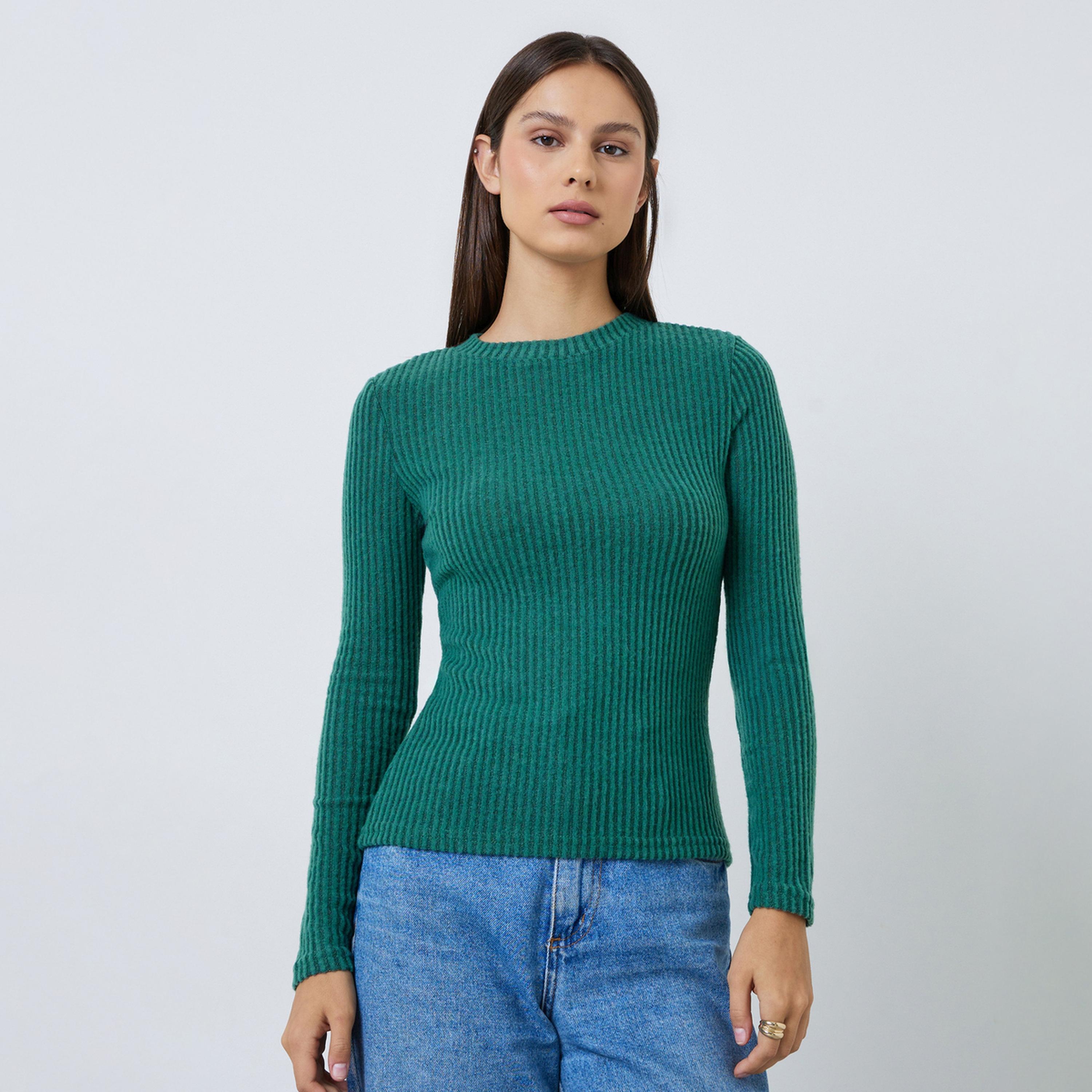 Styli Dark Green Ribbed Knit Long Sleeve Top-women-clothing-shirtsandblouses-blouses-image-1