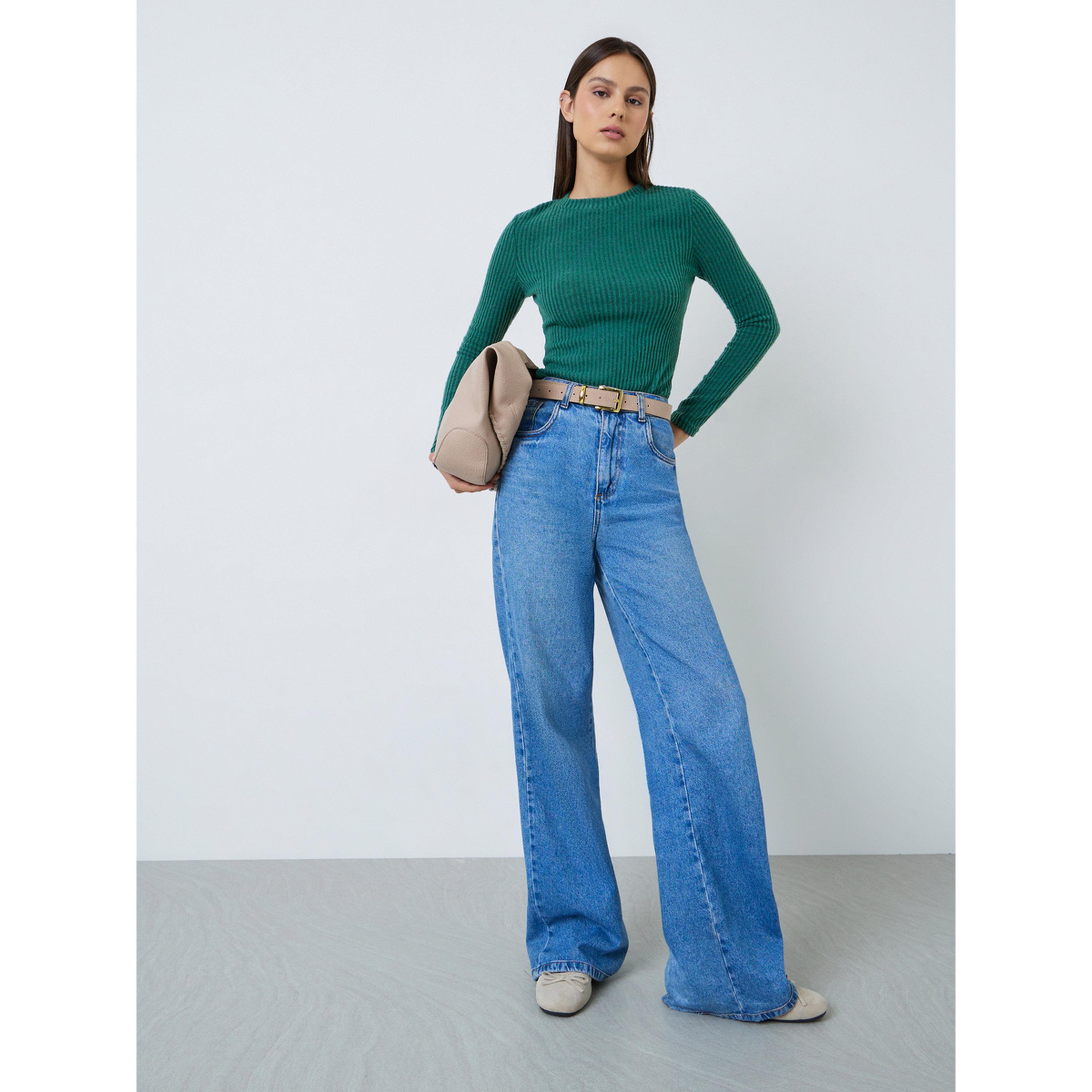 Styli Dark Green Ribbed Knit Long Sleeve Top-women-clothing-shirtsandblouses-blouses-image-2