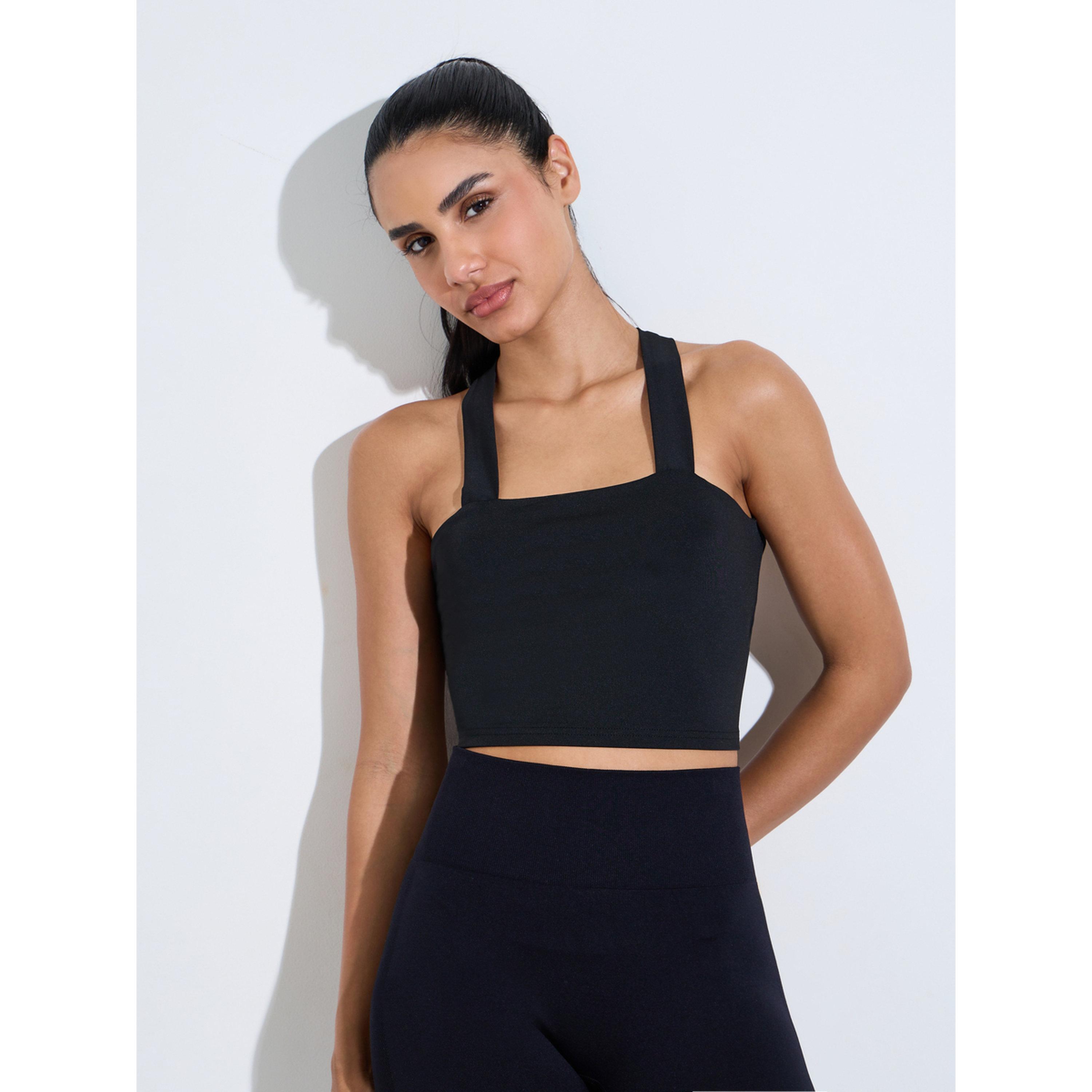 حمالة صدر رياضية طويلة سادة بتفاصيل ربطة متقاطعة - أسود-women-clothing-sportswearandactivewear-sportsbras-image-1