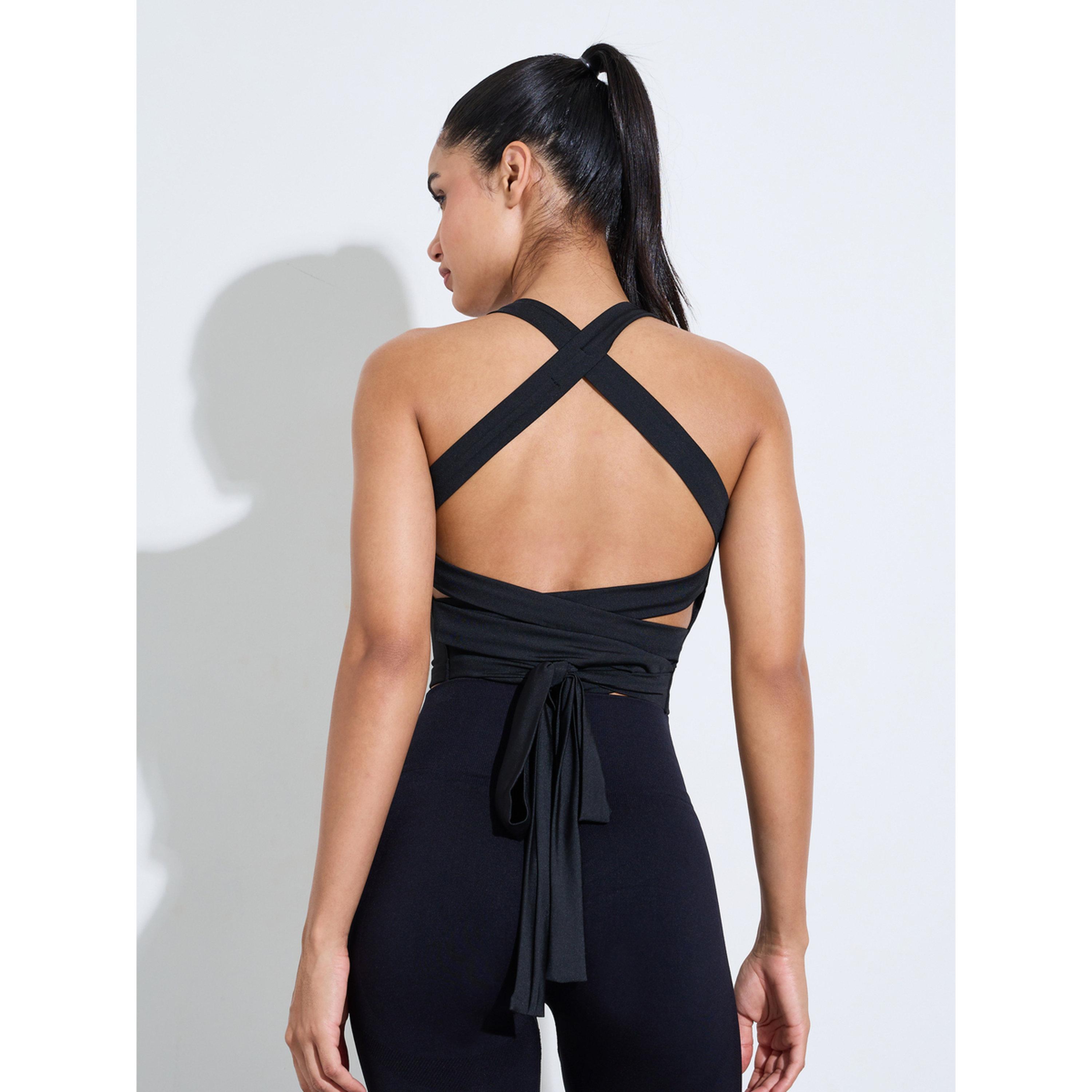 حمالة صدر رياضية طويلة سادة بتفاصيل ربطة متقاطعة - أسود-women-clothing-sportswearandactivewear-sportsbras-image-4