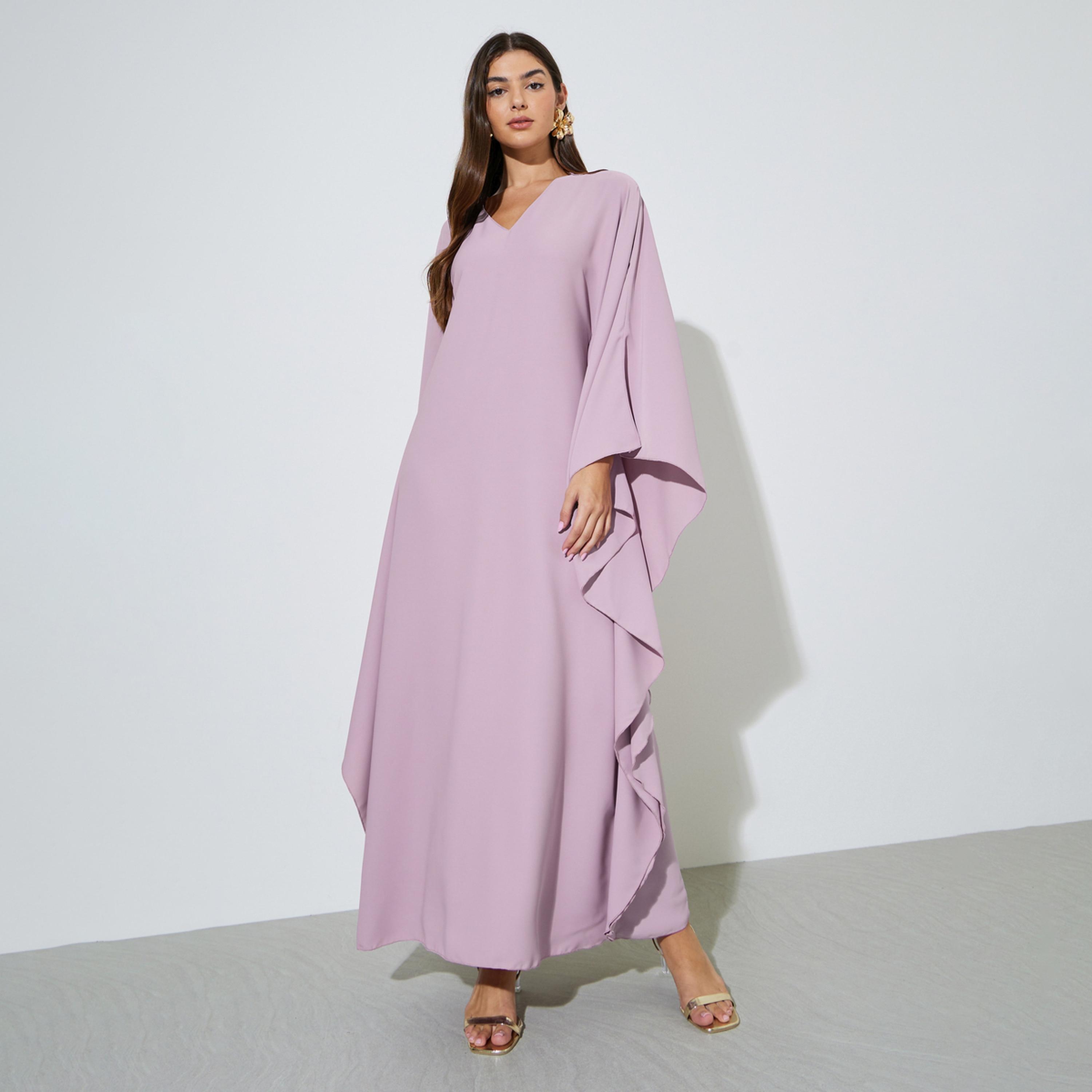 Styli Purple Solid Batwing Sleeves V-Neck Maxi Kaftan-women-arabicclothing-kaftan-image-1