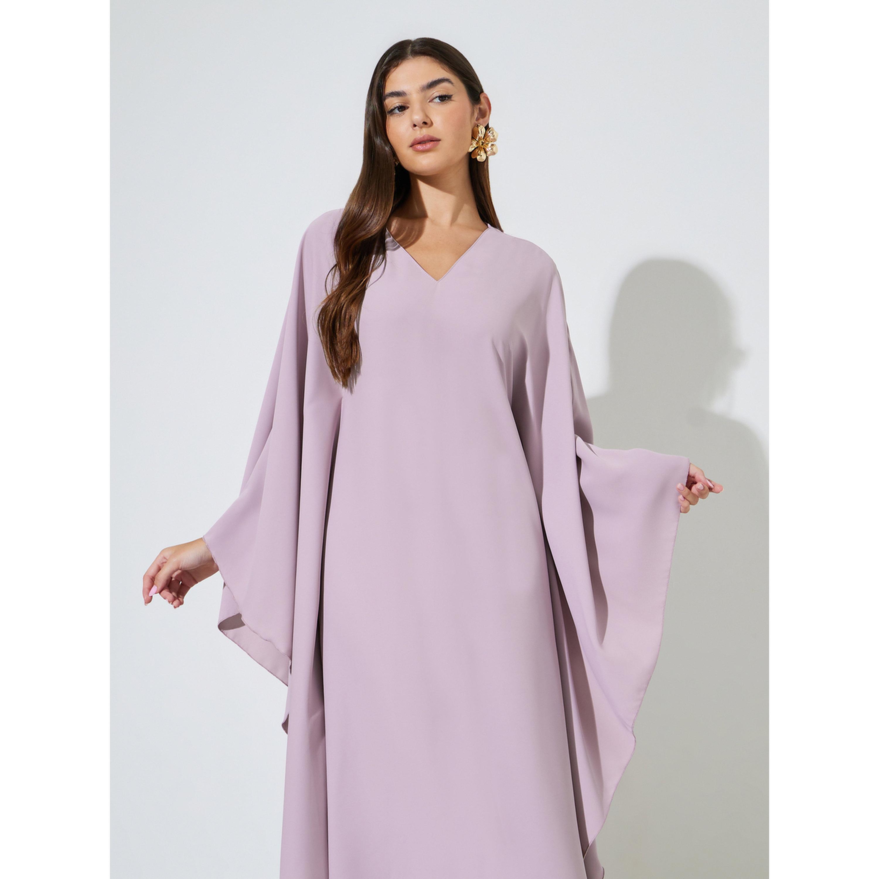 Styli Purple Solid Batwing Sleeves V-Neck Maxi Kaftan-women-arabicclothing-kaftan-image-2