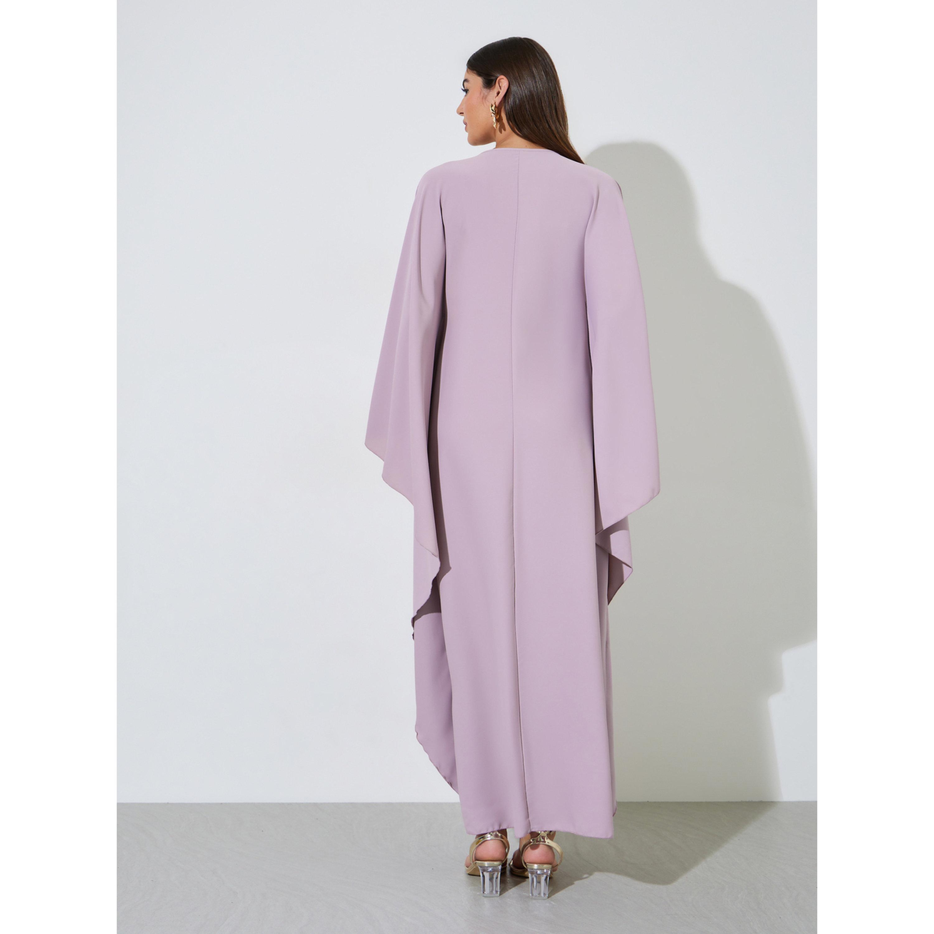 Styli Purple Solid Batwing Sleeves V-Neck Maxi Kaftan-women-arabicclothing-kaftan-image-3