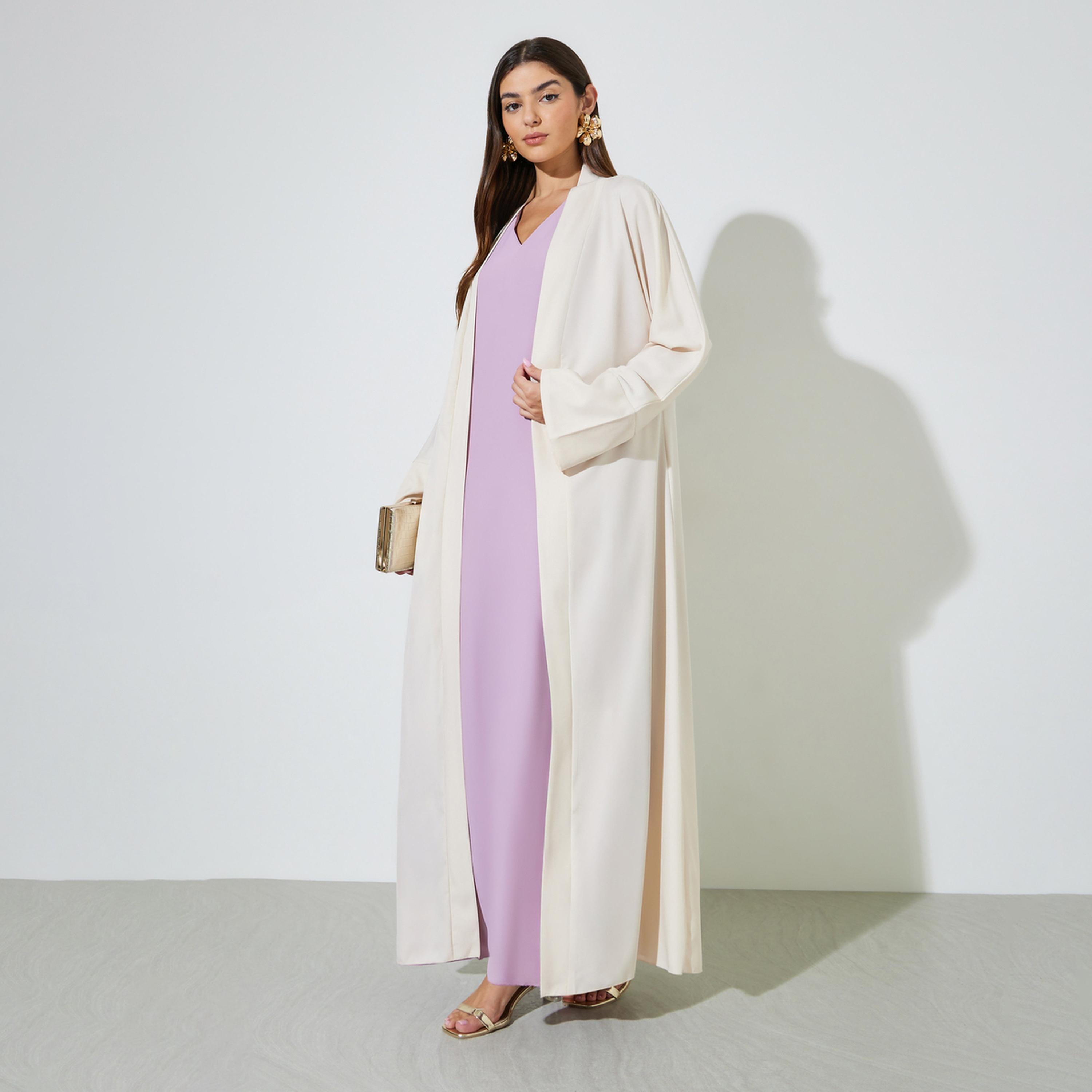 Styli Beige Solid Long Sleeves Open Front Abaya-women-arabicclothing-abayas-image-1