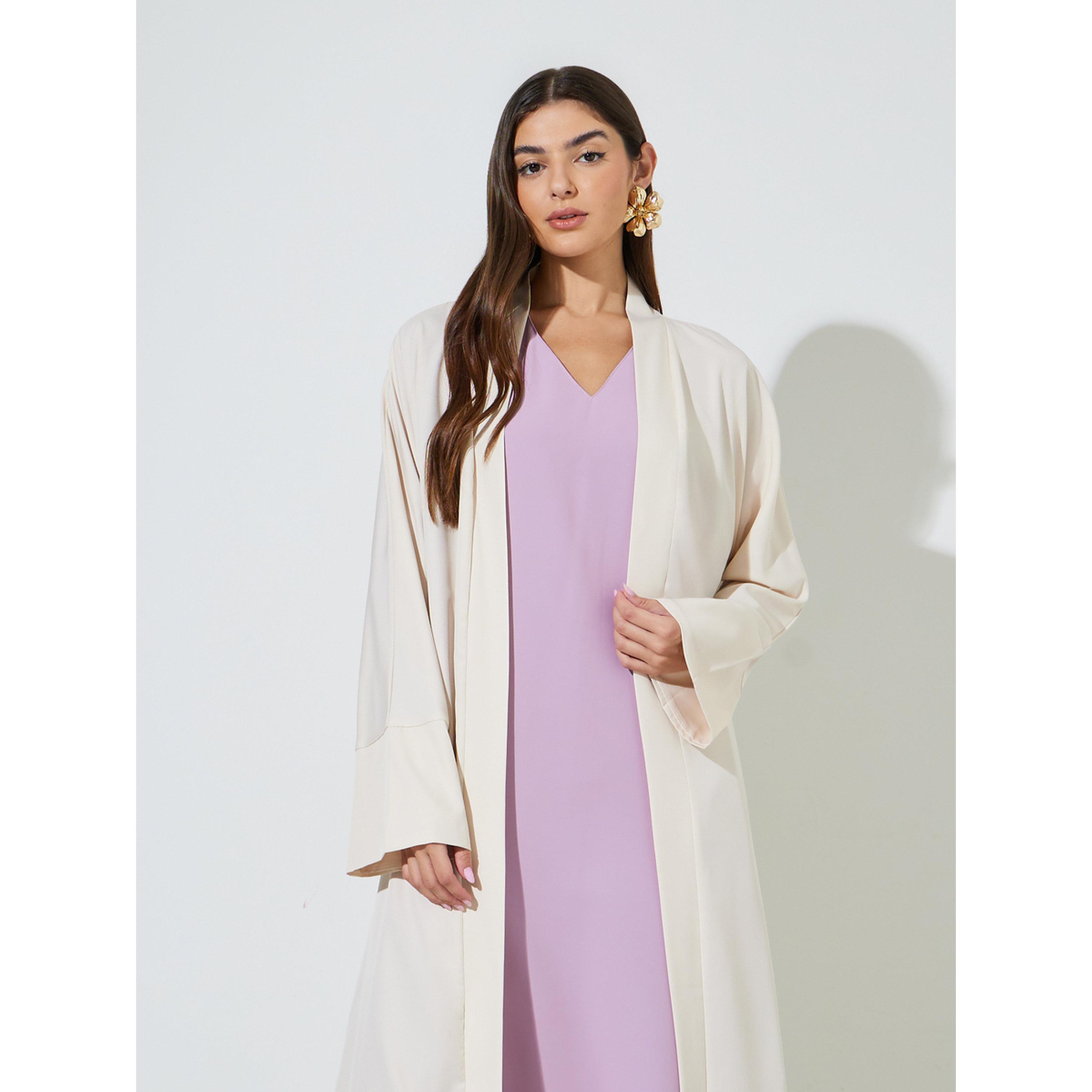 Styli Beige Solid Long Sleeves Open Front Abaya-women-arabicclothing-abayas-image-2