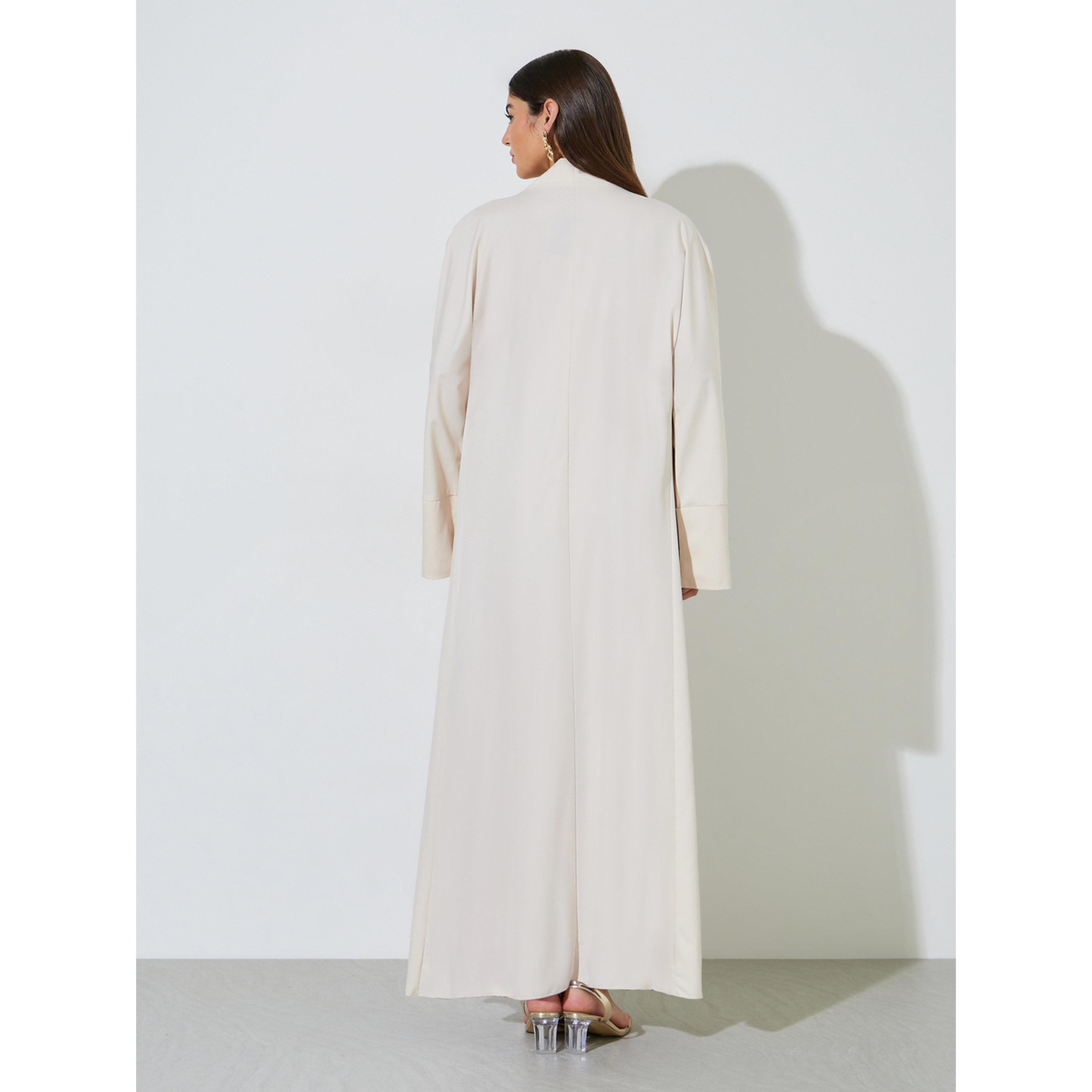 Styli Beige Solid Long Sleeves Open Front Abaya-women-arabicclothing-abayas-image-3