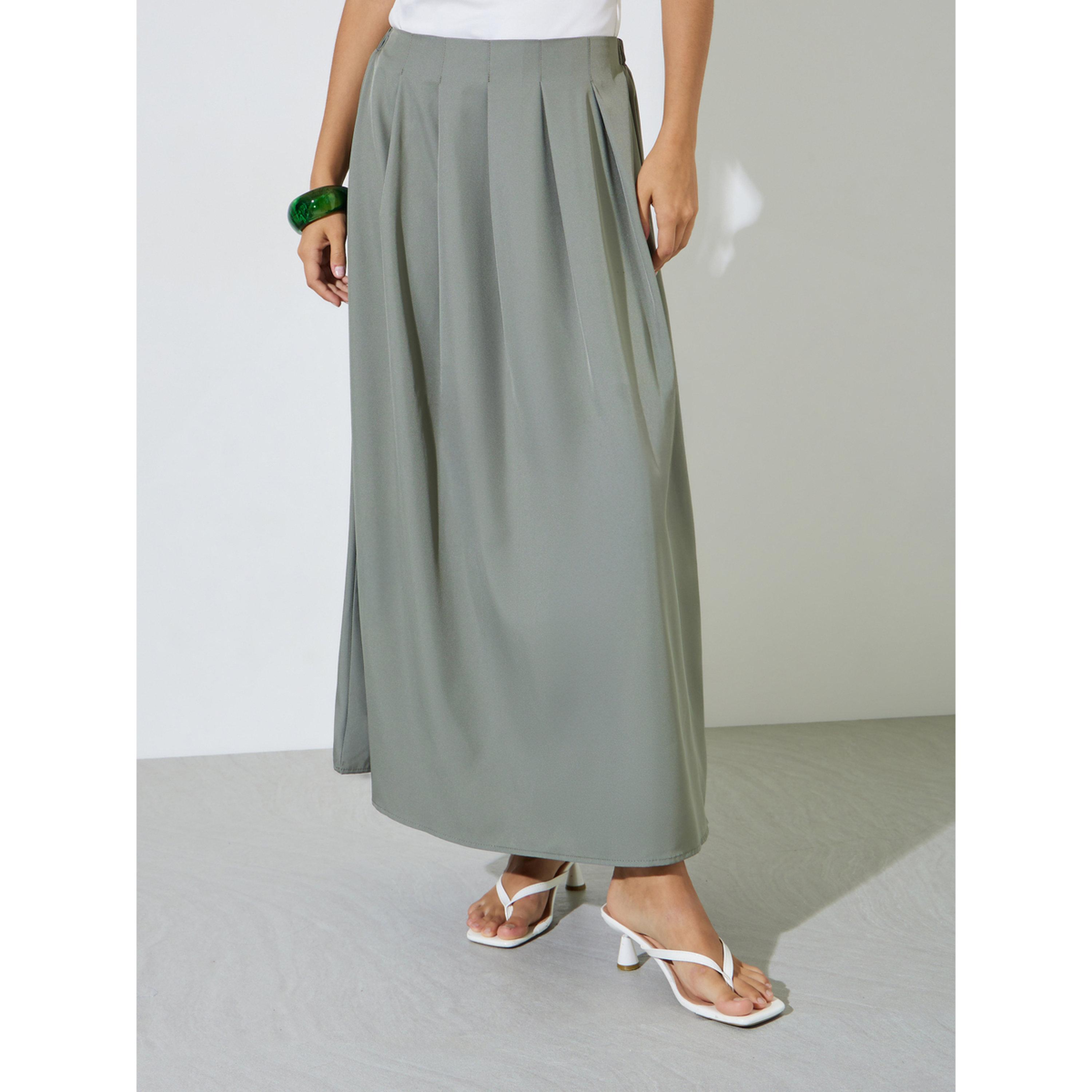 تنورة طويلة كاكي بحافة واسعة بكسرات-women-clothing-skirts-image-1