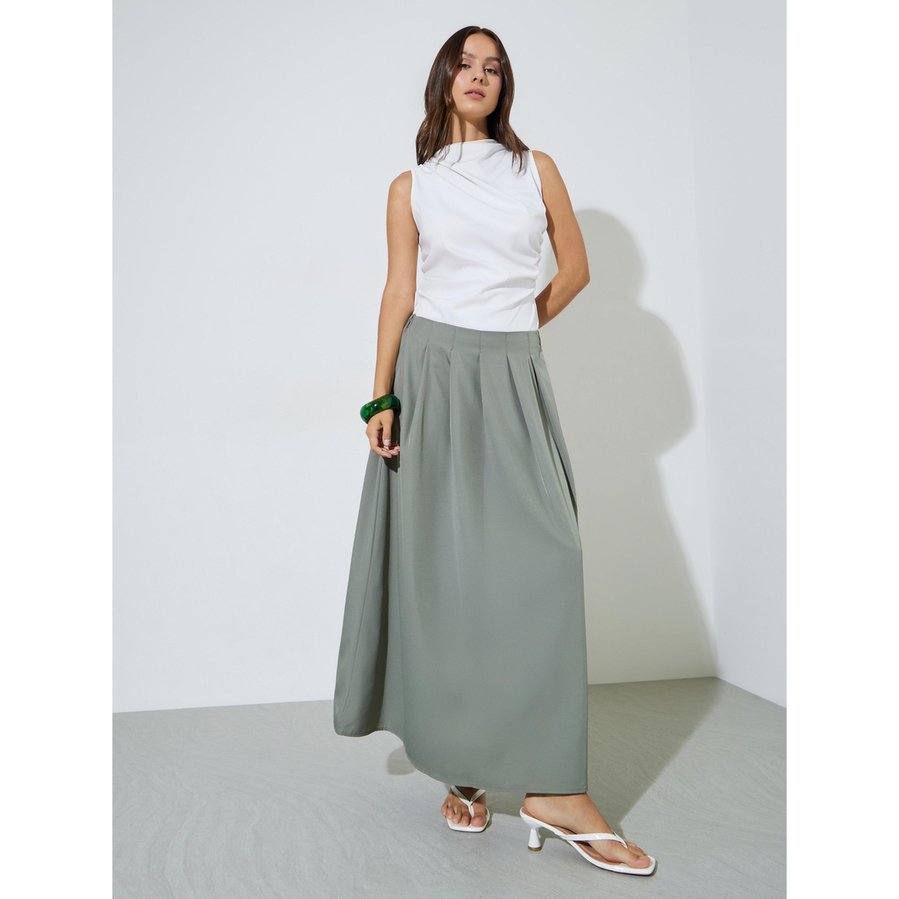Styli Khaki Solid Pleated A-Line Maxi Skirt-women-clothing-skirts-image-2