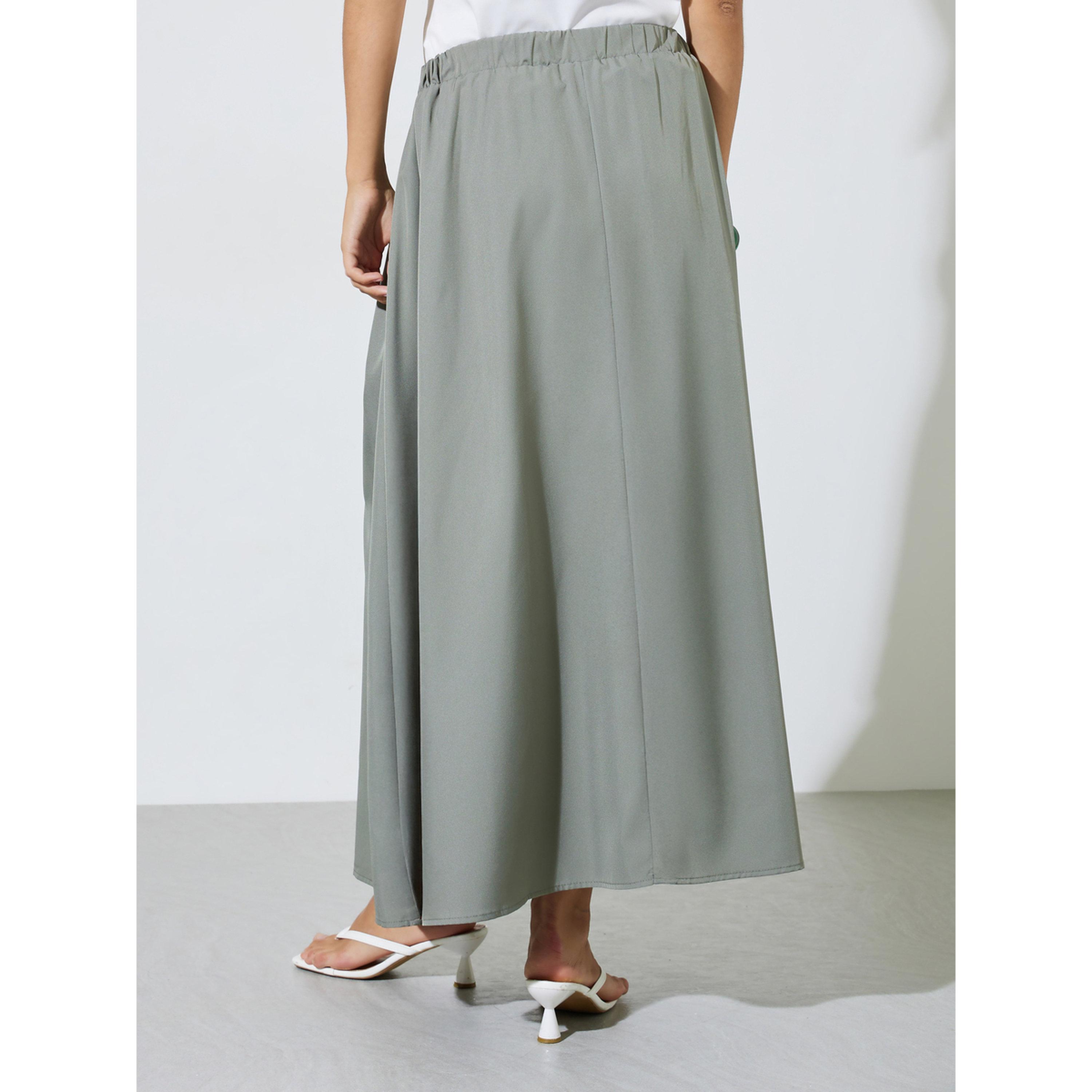 تنورة طويلة كاكي بحافة واسعة بكسرات-women-clothing-skirts-image-4