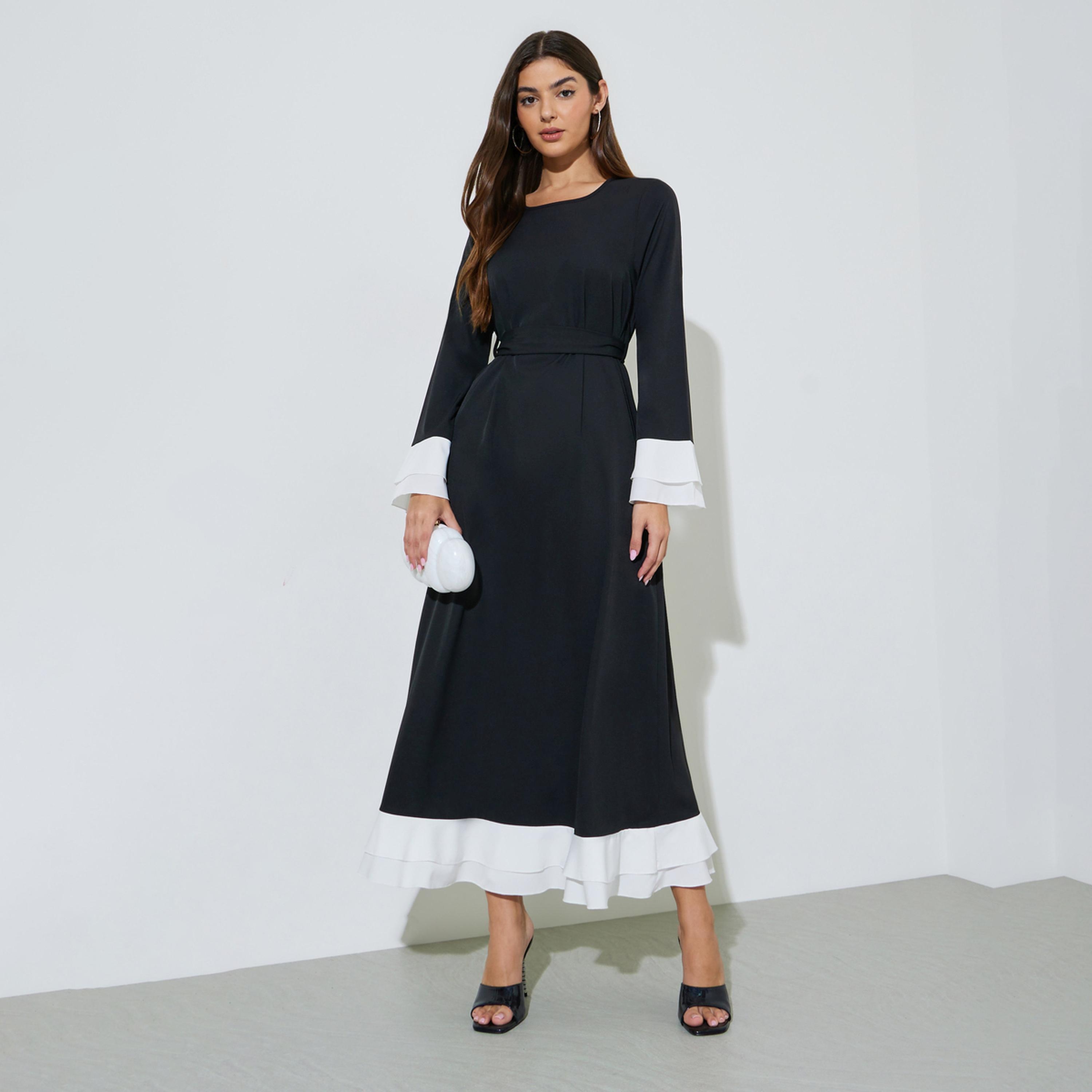 Styli Black Solid Tie-Up Waist Maxi Dress with Contrast Trims-women-arabicclothing-dresses-image-1