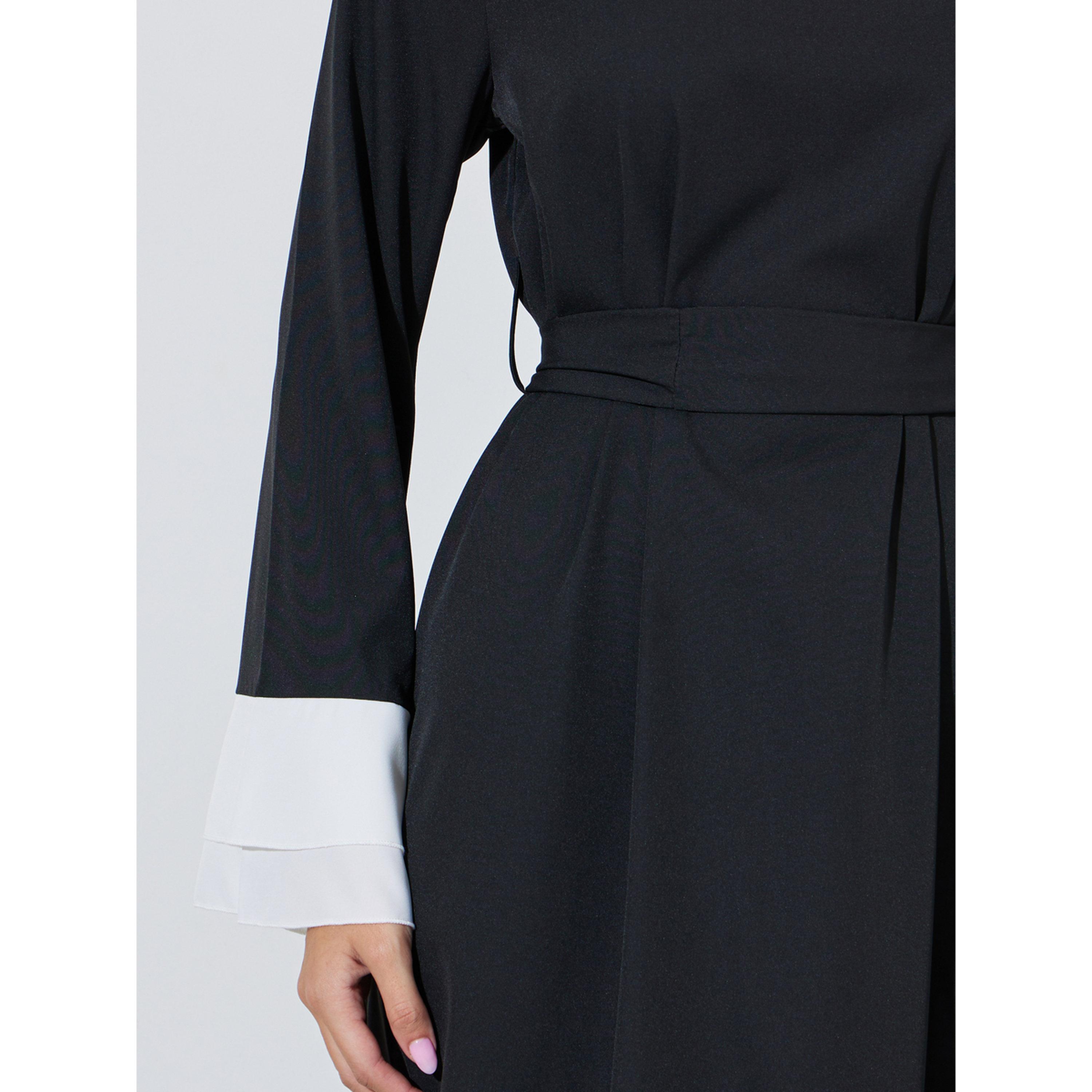 Styli Black Solid Tie-Up Waist Maxi Dress with Contrast Trims-women-arabicclothing-dresses-image-5