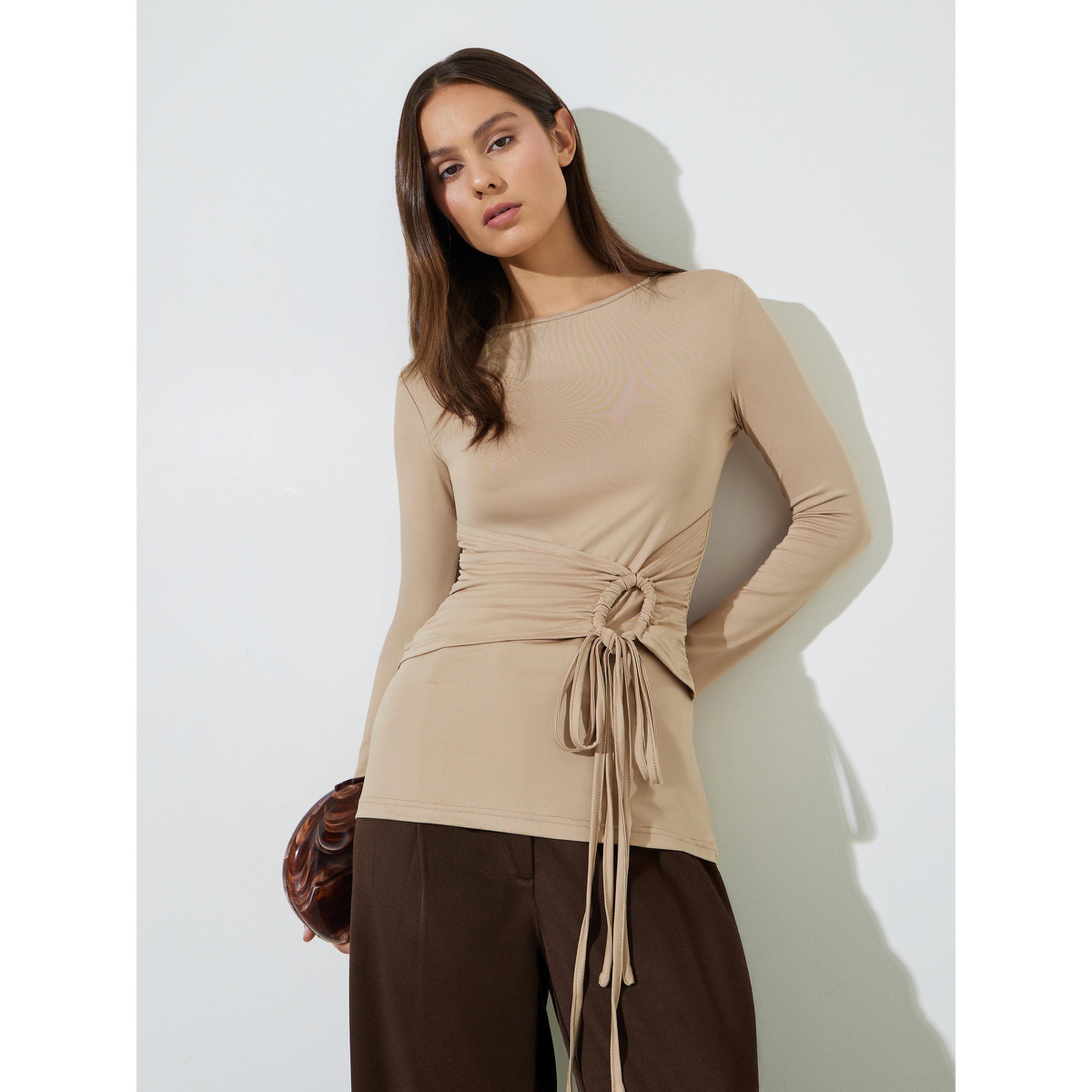 Styli Khaki Solid Gathered Waist Long Sleeves Knit Top-women-clothing-shirtsandblouses-blouses-image-1