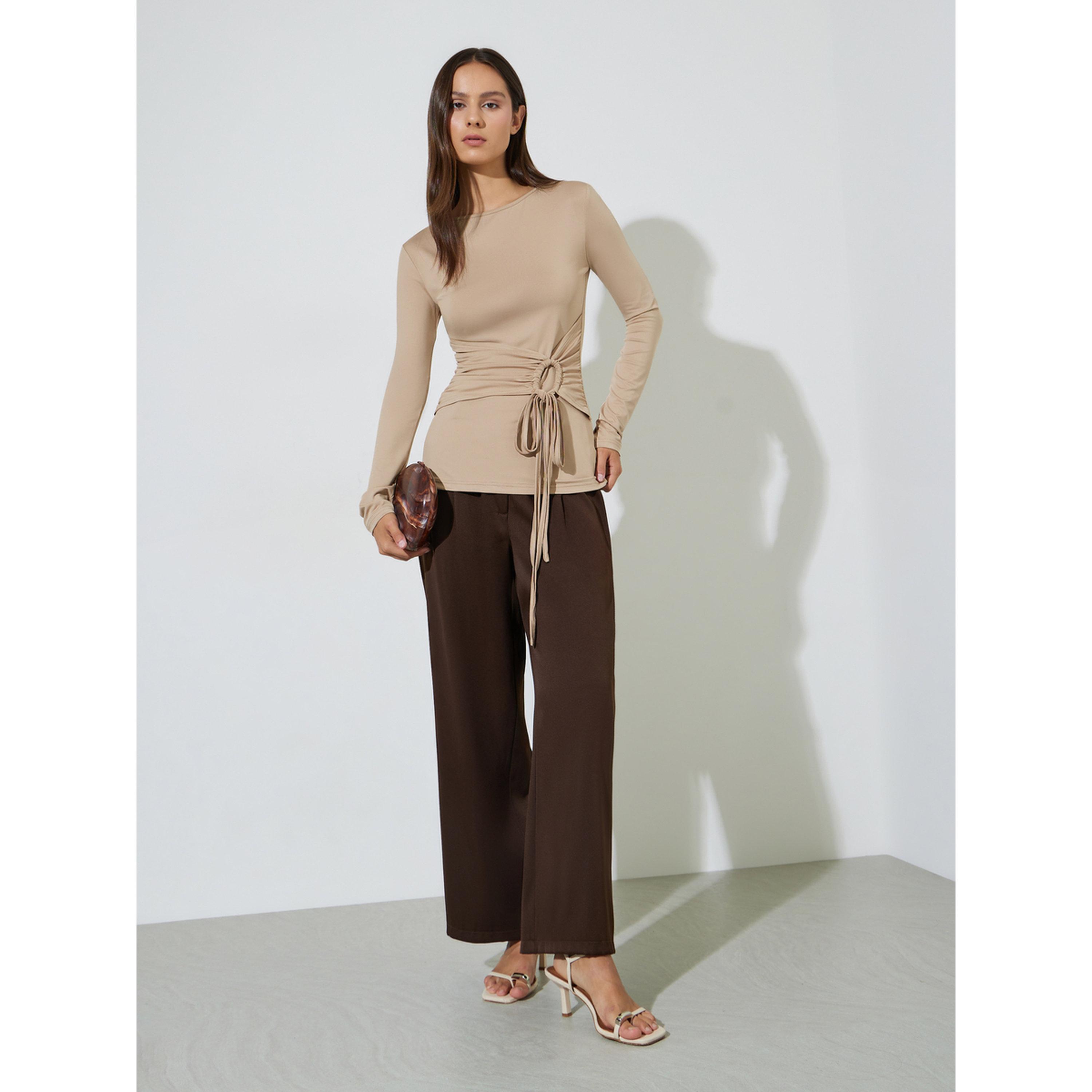 Styli Khaki Solid Gathered Waist Long Sleeves Knit Top-women-clothing-shirtsandblouses-blouses-image-2