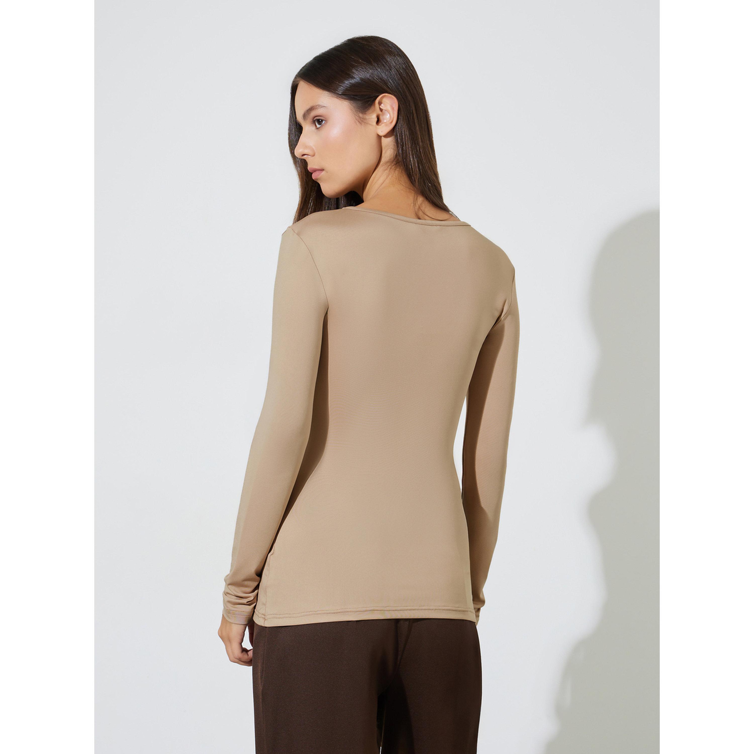 Styli Khaki Solid Gathered Waist Long Sleeves Knit Top-women-clothing-shirtsandblouses-blouses-image-3